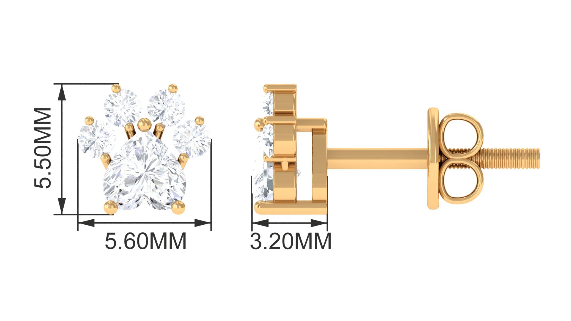 Lab Grown Diamond Paw Stud Earrings with Screw Back Lab Grown Diamond - ( EF-VS ) - Color and Clarity - Rosec Jewels