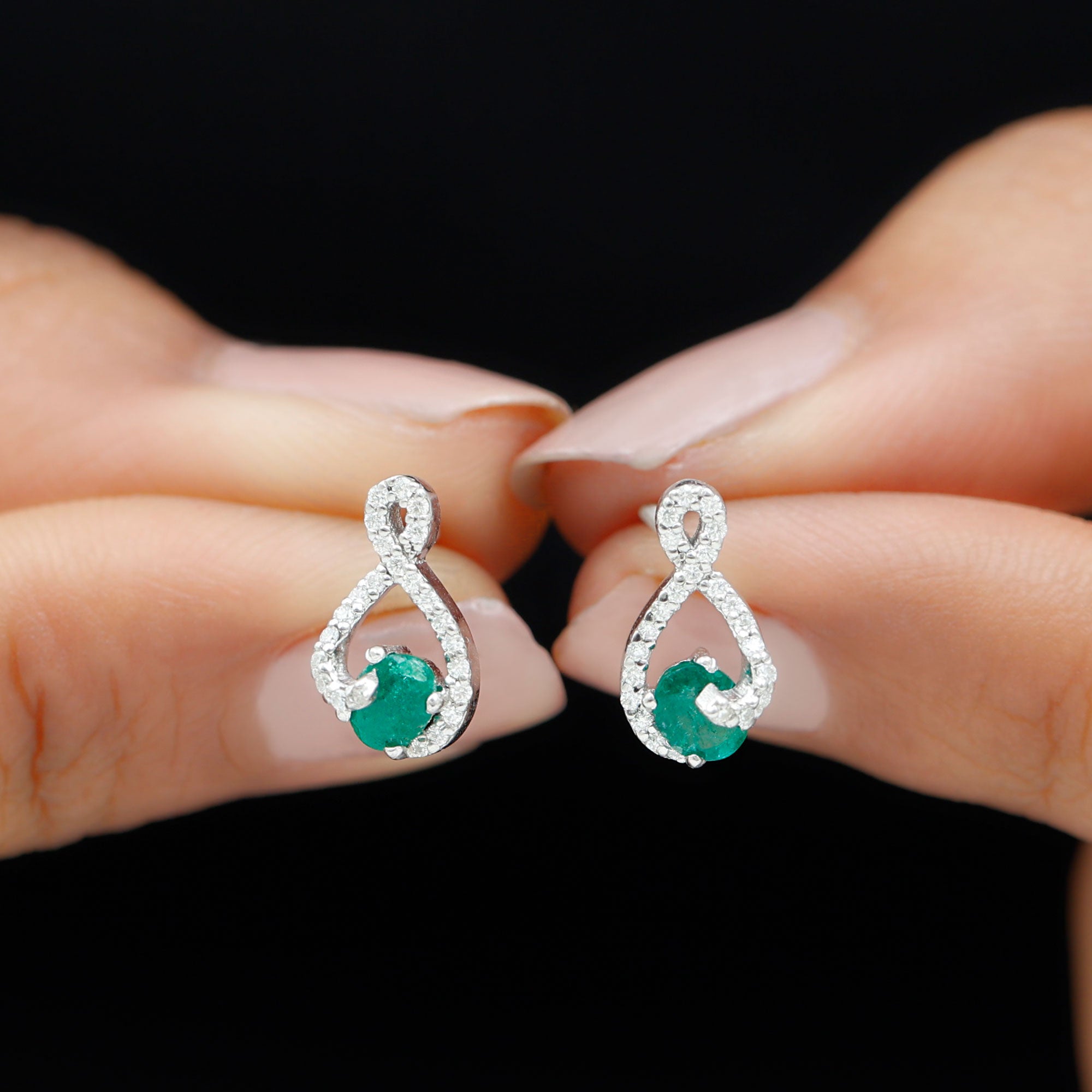 Minimal Emerald and Diamond Infinity Stud Earrings Emerald - ( AAA ) - Quality - Rosec Jewels