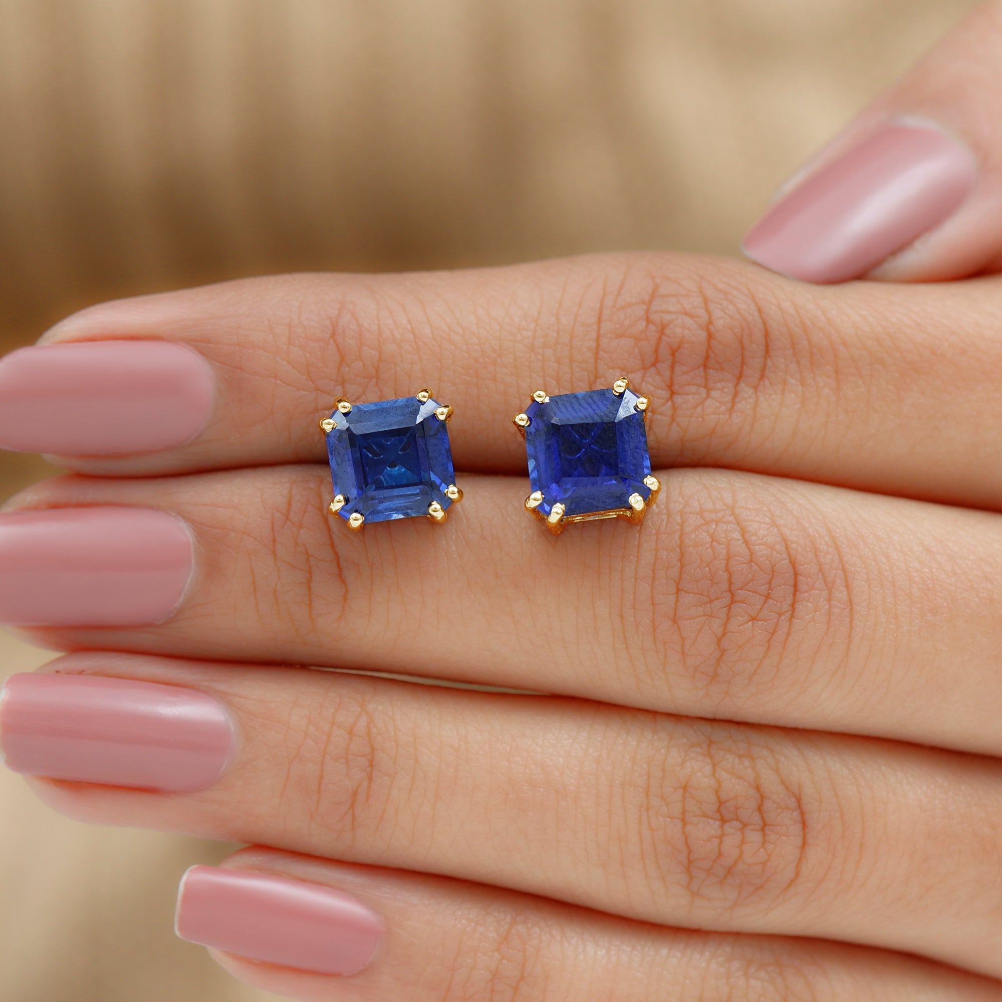 9.50 CT Asscher Cut Created Blue Sapphire Solitaire Stud Earrings Lab Created Blue Sapphire - ( AAAA ) - Quality - Rosec Jewels