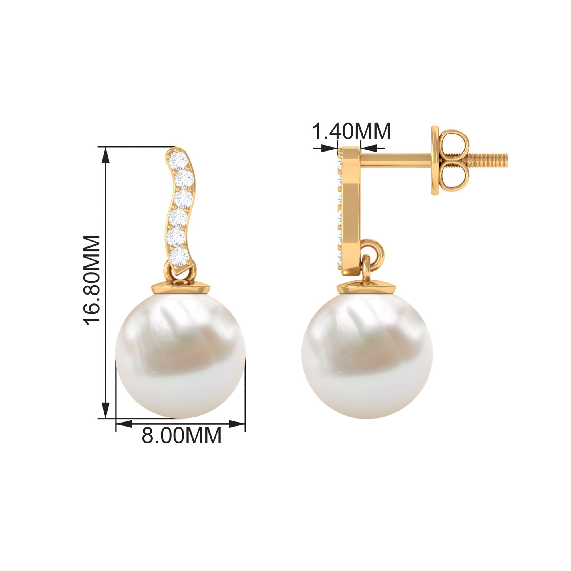 8 MM Freshwater Pearl Drop and Curved Diamond Bar Earring Freshwater Pearl - ( AAA ) - Quality - Rosec Jewels