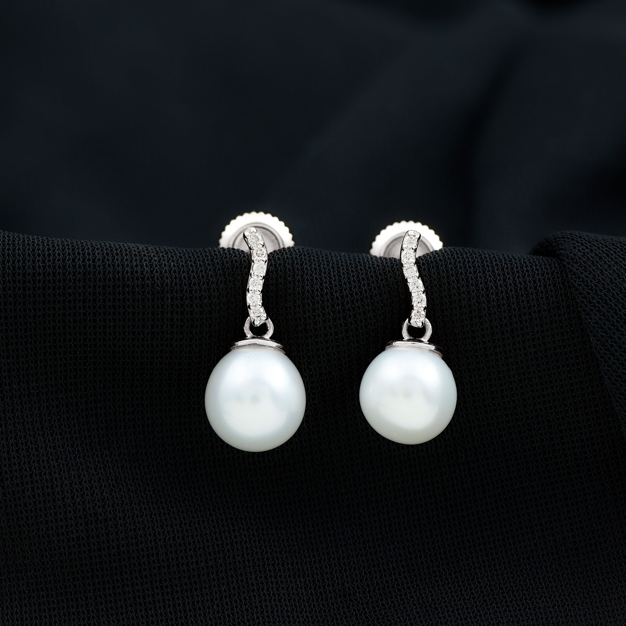 8 MM Freshwater Pearl Drop and Curved Diamond Bar Earring Freshwater Pearl - ( AAA ) - Quality - Rosec Jewels