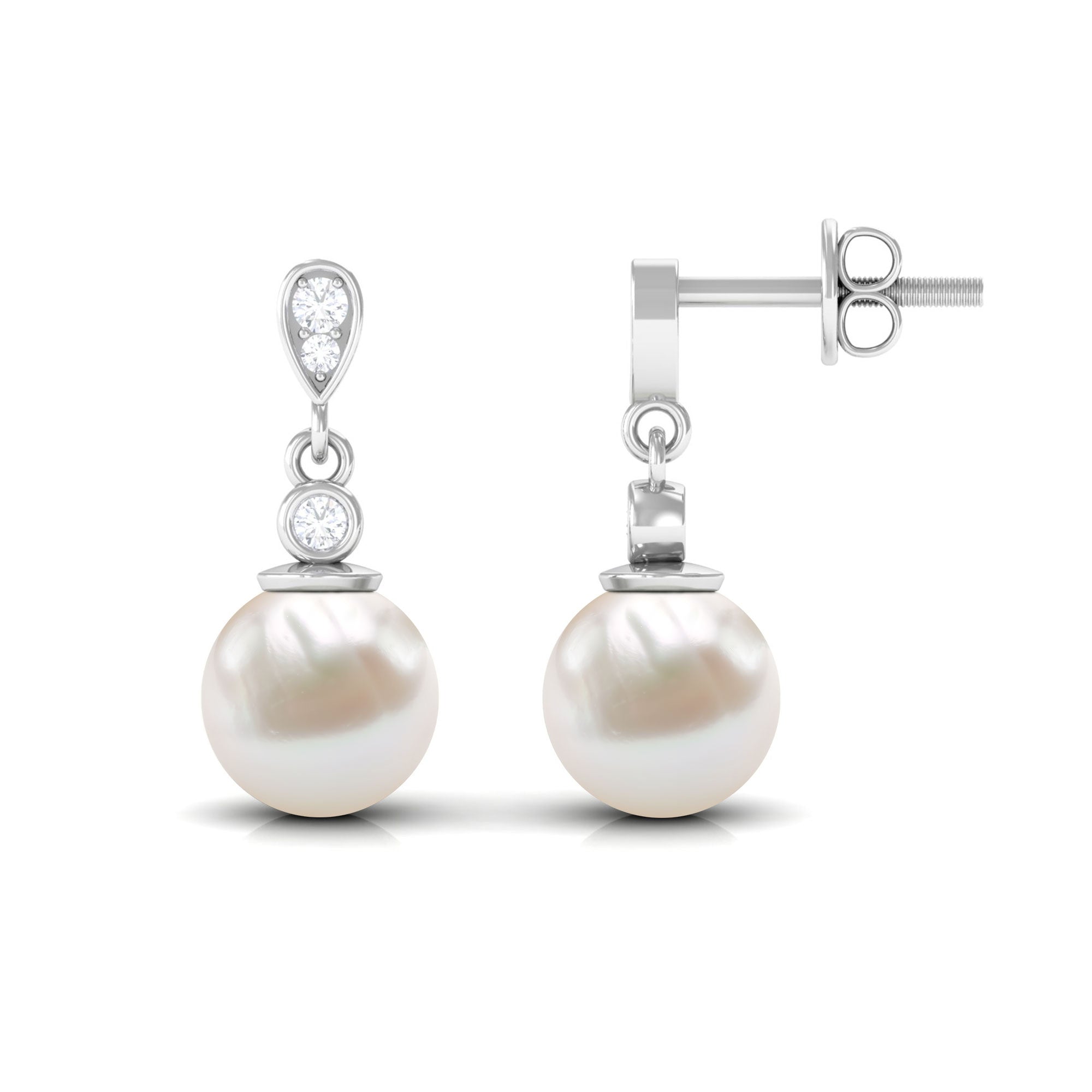 Freshwater Pearl and Diamond Drop Earrings Freshwater Pearl - ( AAA ) - Quality - Rosec Jewels