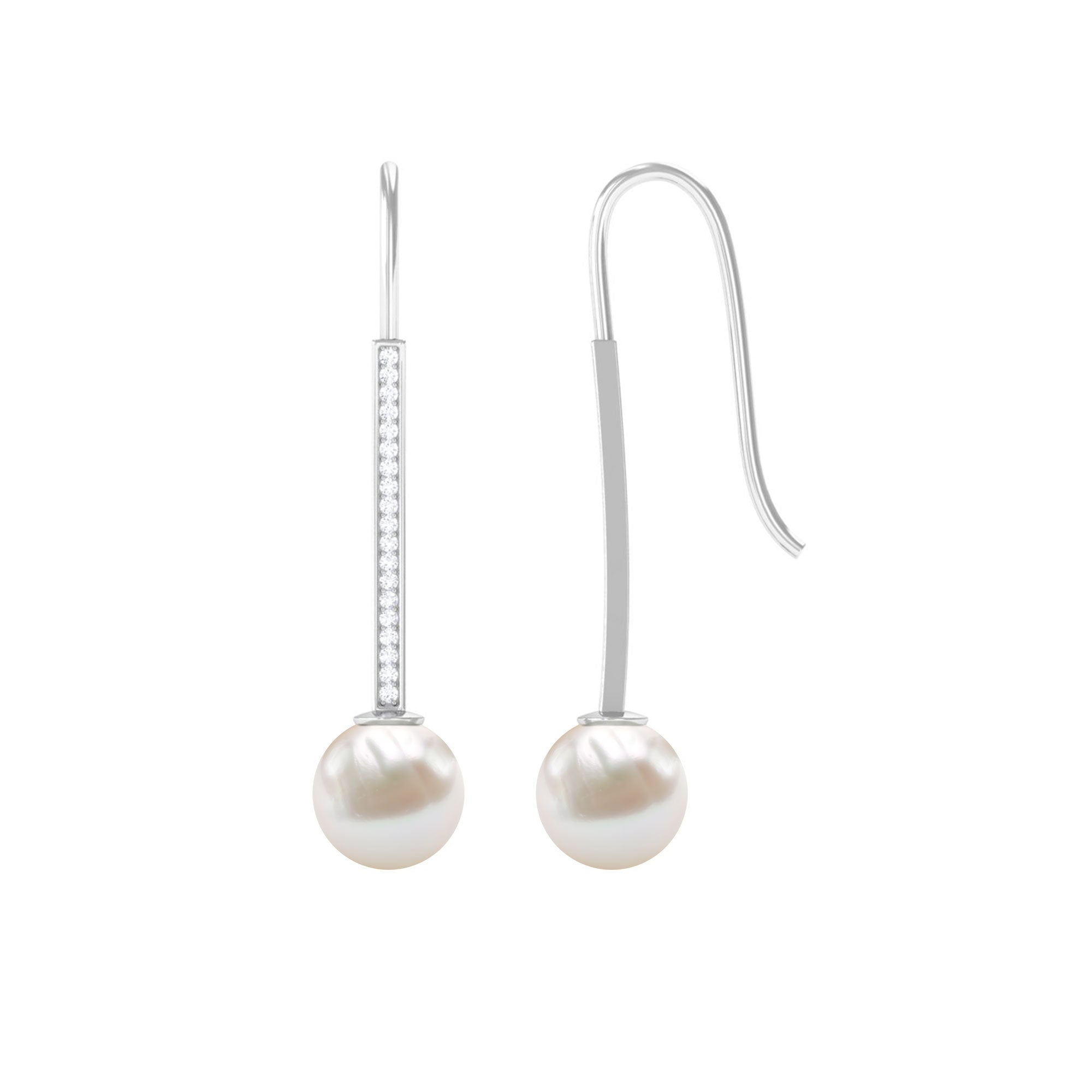 Freshwater Pearl and Diamond Drop Earrings with Fish Hook Closure Freshwater Pearl - ( AAA ) - Quality - Rosec Jewels