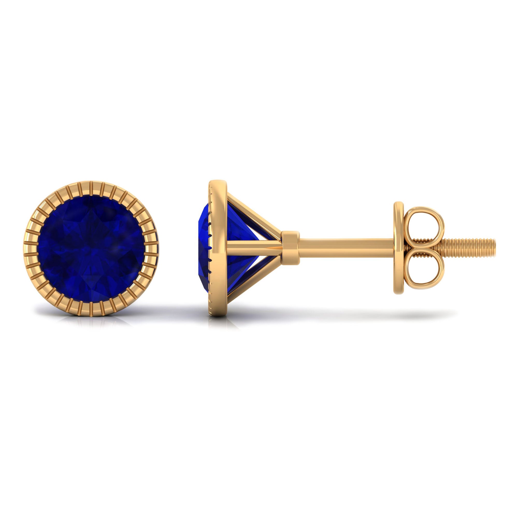 5 MM Round Blue Sapphire Solitaire Stud Earrings in Bezel Setting Blue Sapphire - ( AAA ) - Quality - Rosec Jewels