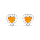 Heart Shape Fire Opal Halo Stud Earrings with Diamond Fire Opal - ( AAA ) - Quality - Rosec Jewels