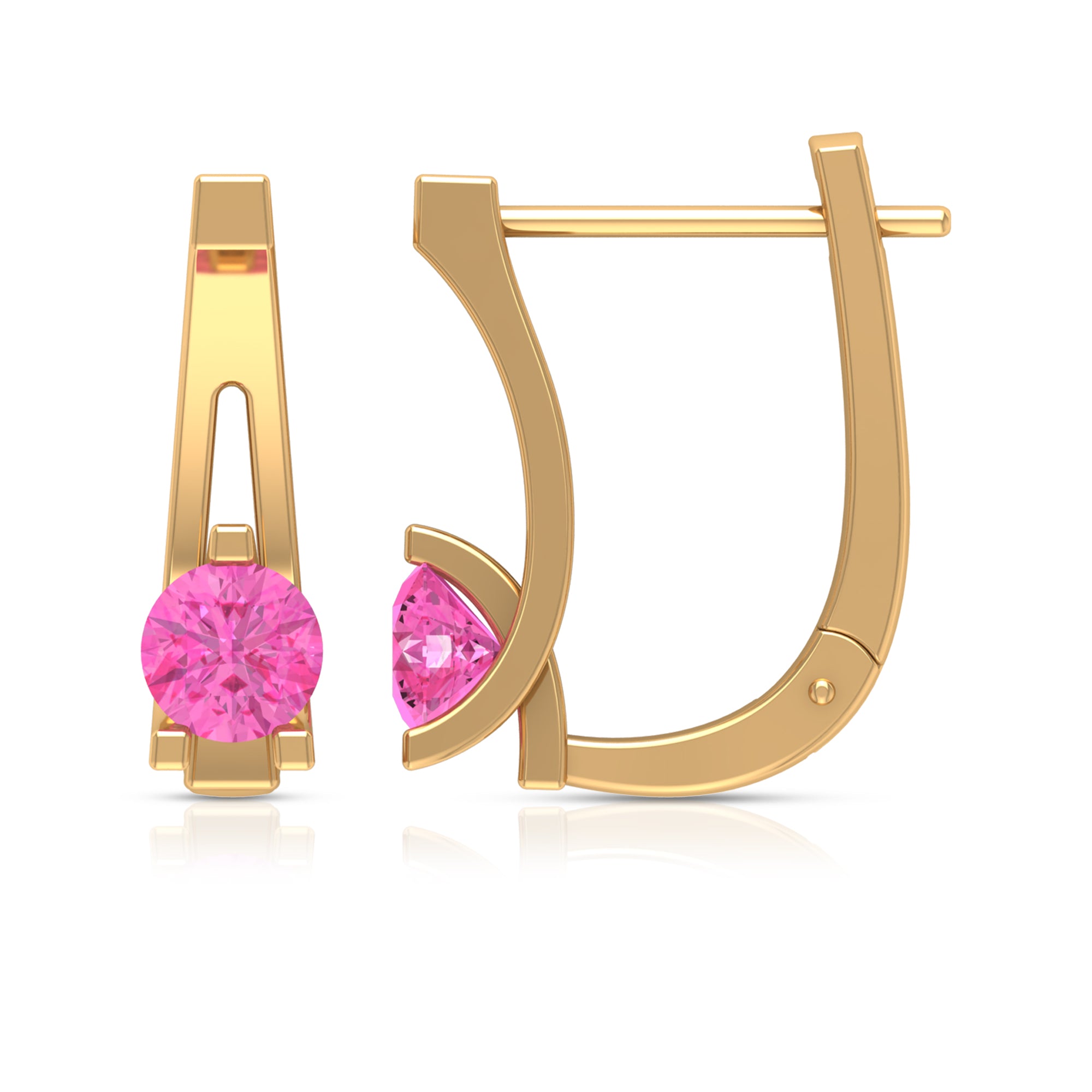 Round Cut Pink Sapphire Solitaire J Hoop Earrings in Gold Pink Sapphire - ( AAA ) - Quality - Rosec Jewels