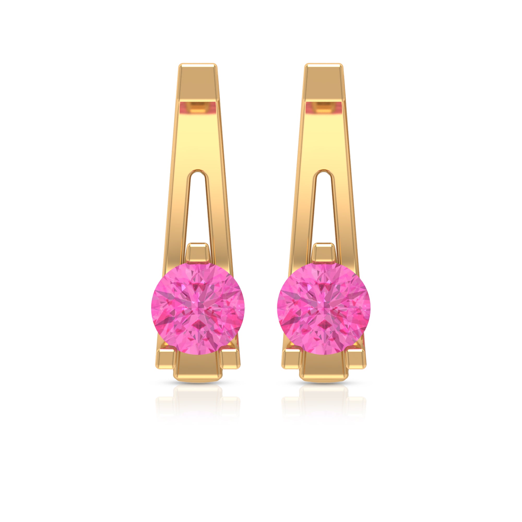 Round Cut Pink Sapphire Solitaire J Hoop Earrings in Gold Pink Sapphire - ( AAA ) - Quality - Rosec Jewels