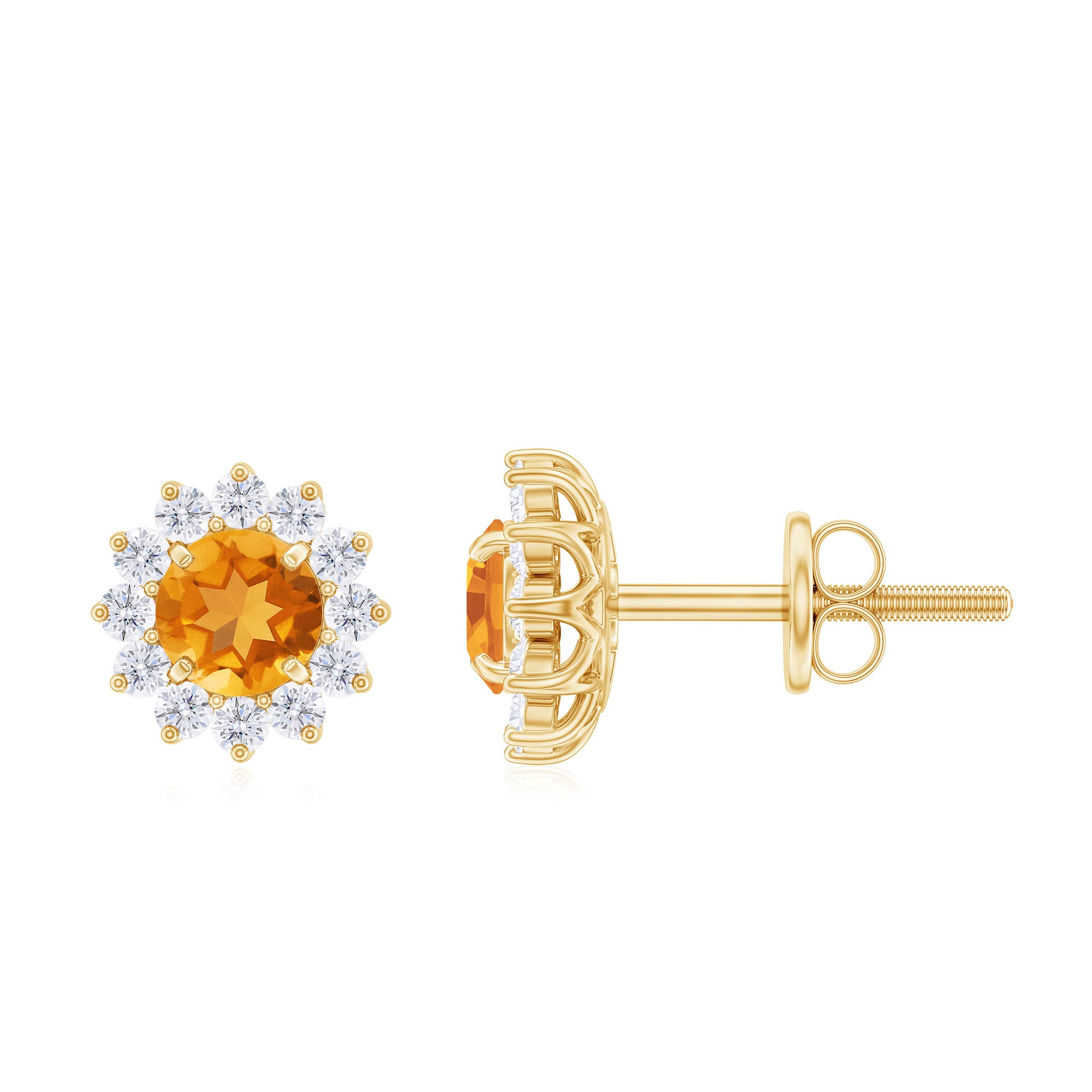 Classic Round Citrine and Diamond Halo Stud Earrings Citrine - ( AAA ) - Quality - Rosec Jewels