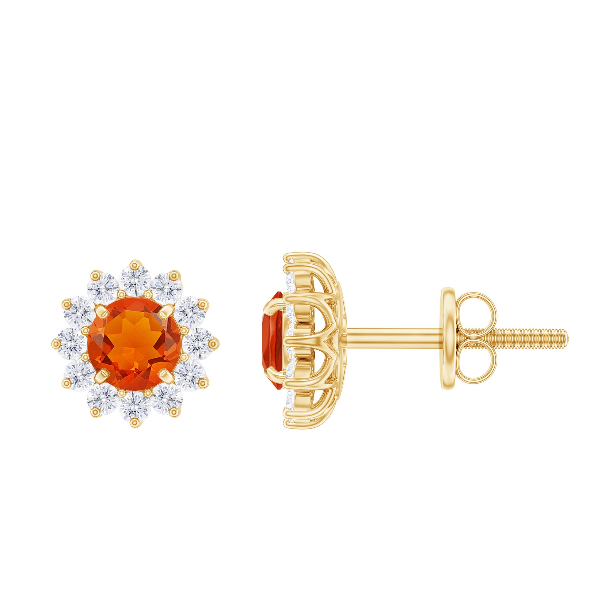 Round Fire Opal and Diamond Flower Halo Stud Earrings Fire Opal - ( AAA ) - Quality - Rosec Jewels