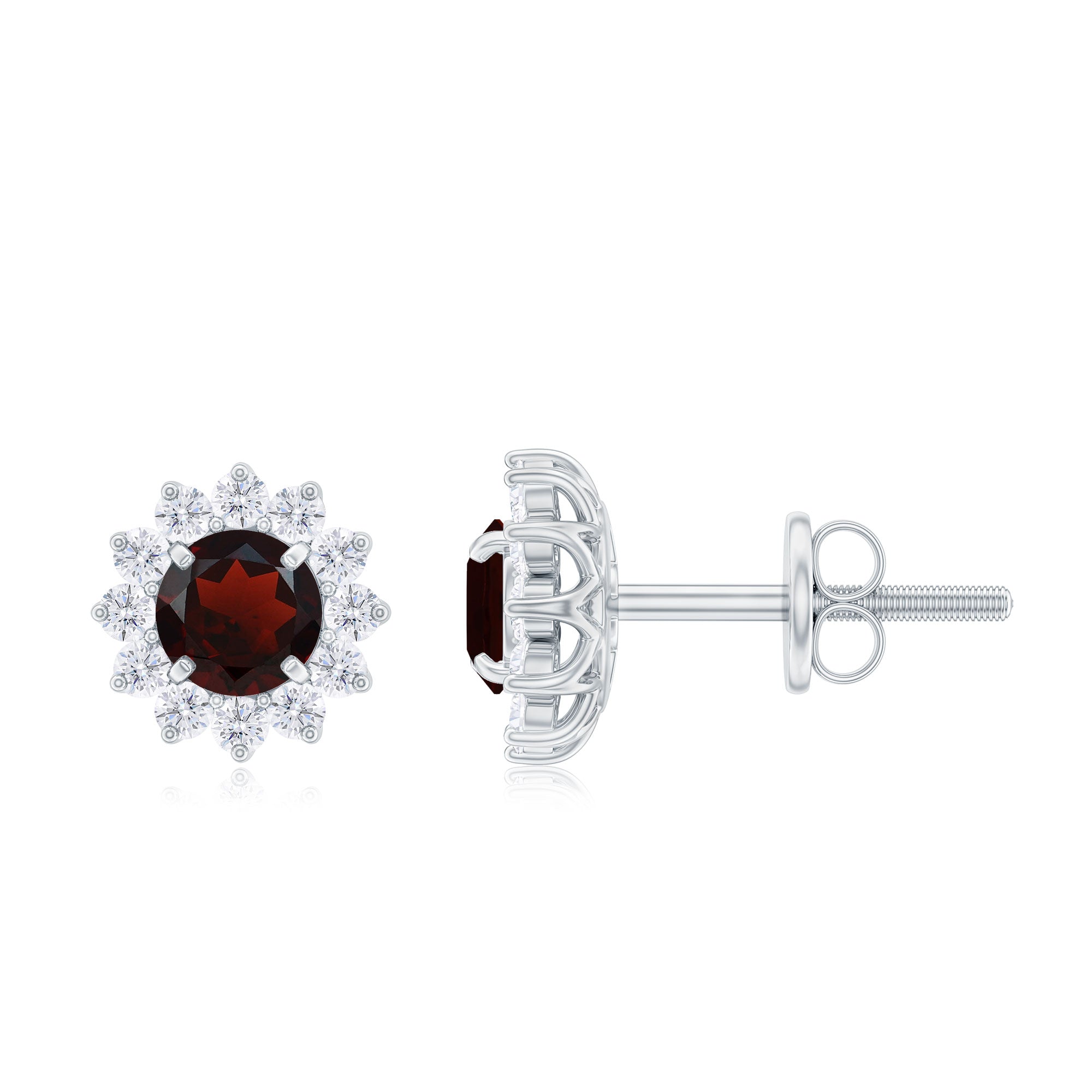 Natural Garnet and Diamond Flower Halo Stud Earrings Garnet - ( AAA ) - Quality - Rosec Jewels