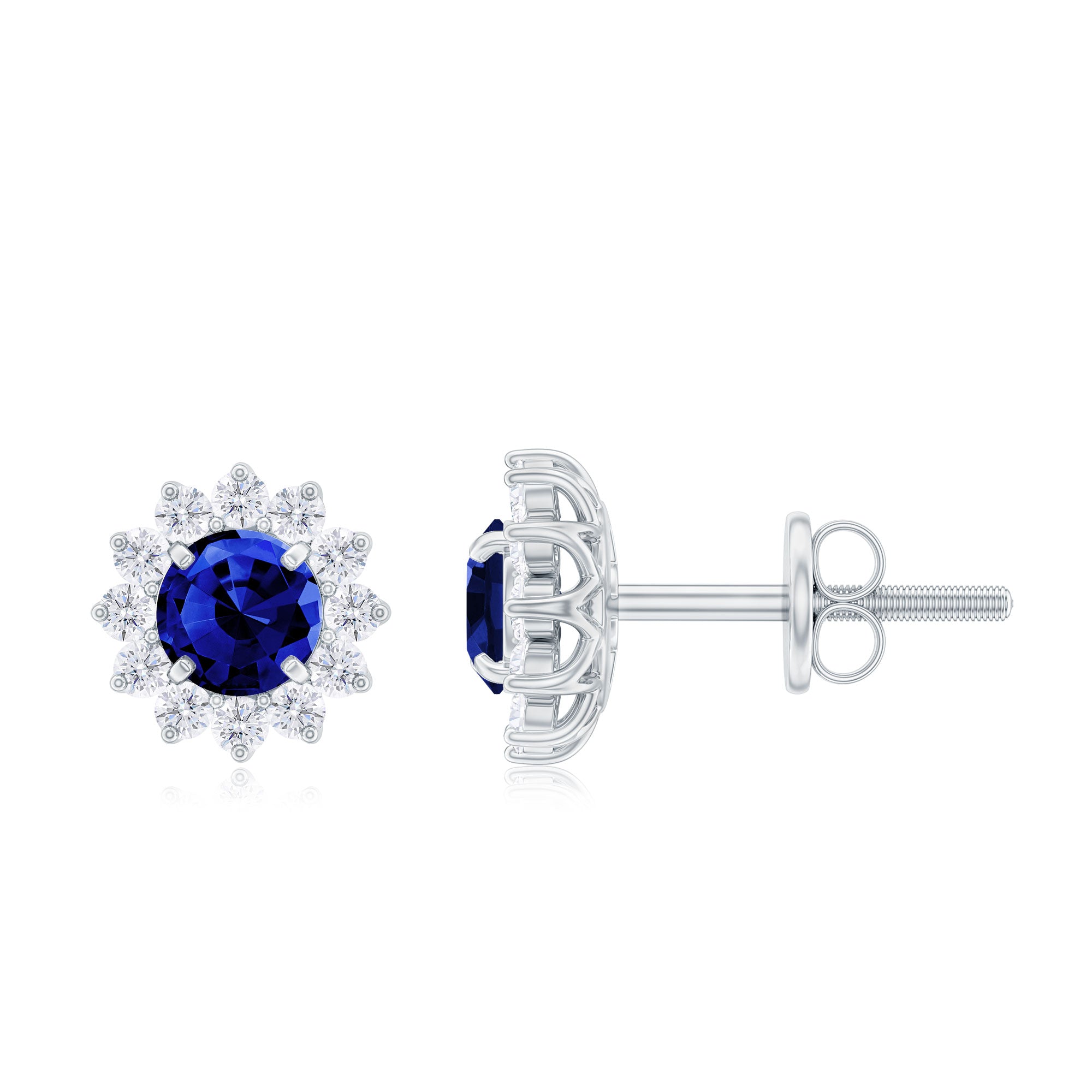 Created Blue Sapphire and Diamond Floral Halo Stud Earrings Lab Created Blue Sapphire - ( AAAA ) - Quality - Rosec Jewels