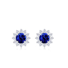 Created Blue Sapphire and Diamond Floral Halo Stud Earrings Lab Created Blue Sapphire - ( AAAA ) - Quality - Rosec Jewels