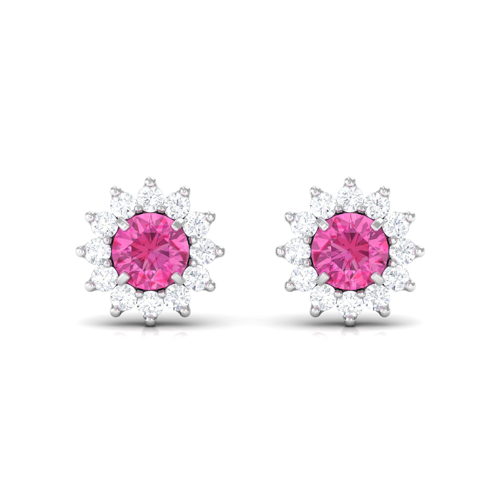 1.25 CT Pink Sapphire Flower Stud Earrings with Diamond Halo Pink Sapphire - ( AAA ) - Quality - Rosec Jewels