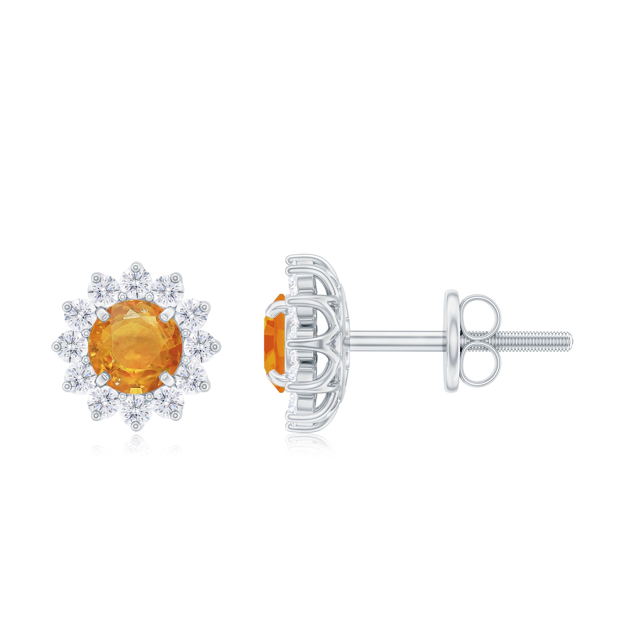 1 CT Orange Sapphire Classic Stud Earrings with Diamond Halo Orange Sapphire - ( AAA ) - Quality - Rosec Jewels