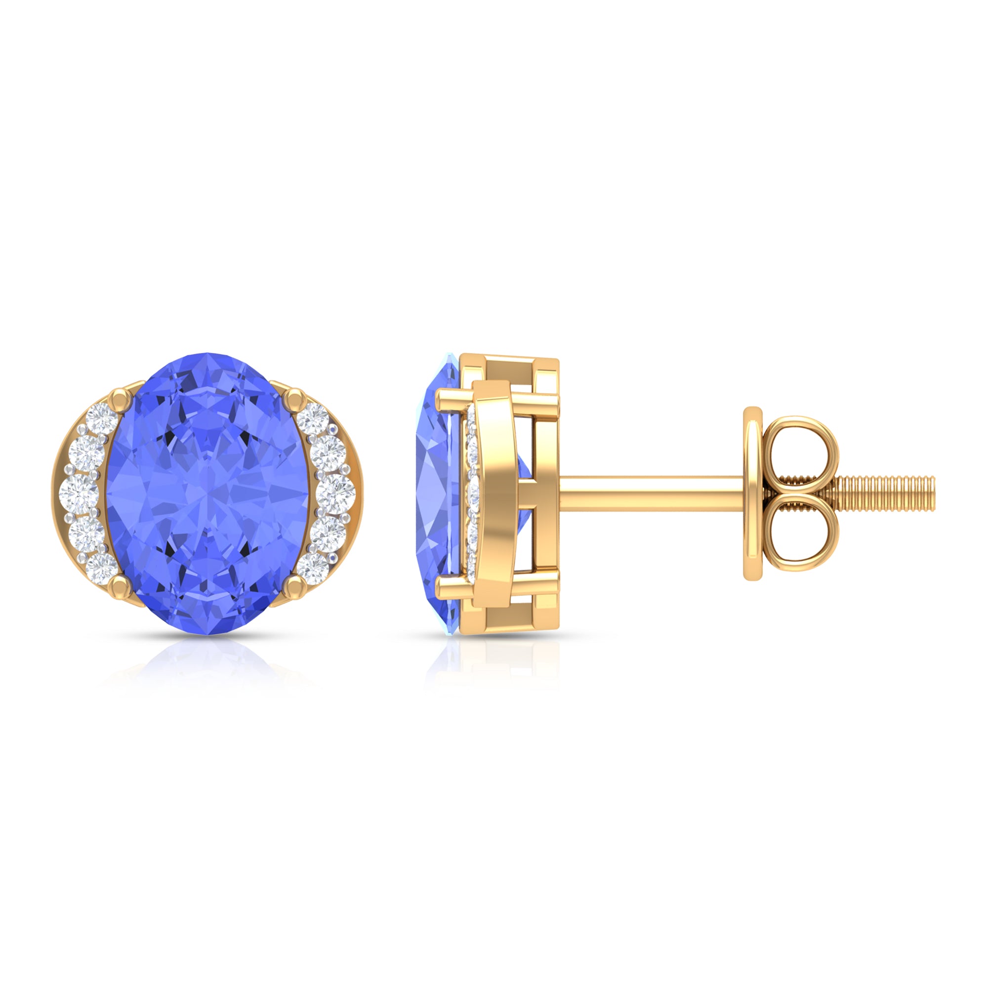 2 CT Oval Tanzanite Stud Earrings with Diamond Accent Tanzanite - ( AAA ) - Quality - Rosec Jewels