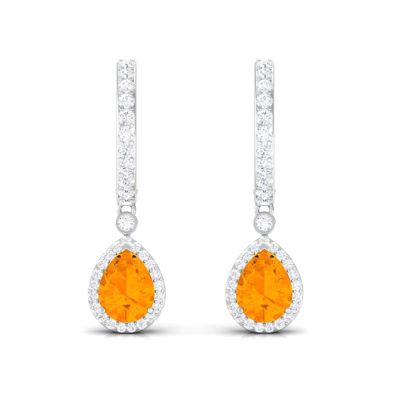 Pear Cut Fire Opal Hoop Drop Earrings with Moissanite Halo Fire Opal - ( AAA ) - Quality - Rosec Jewels