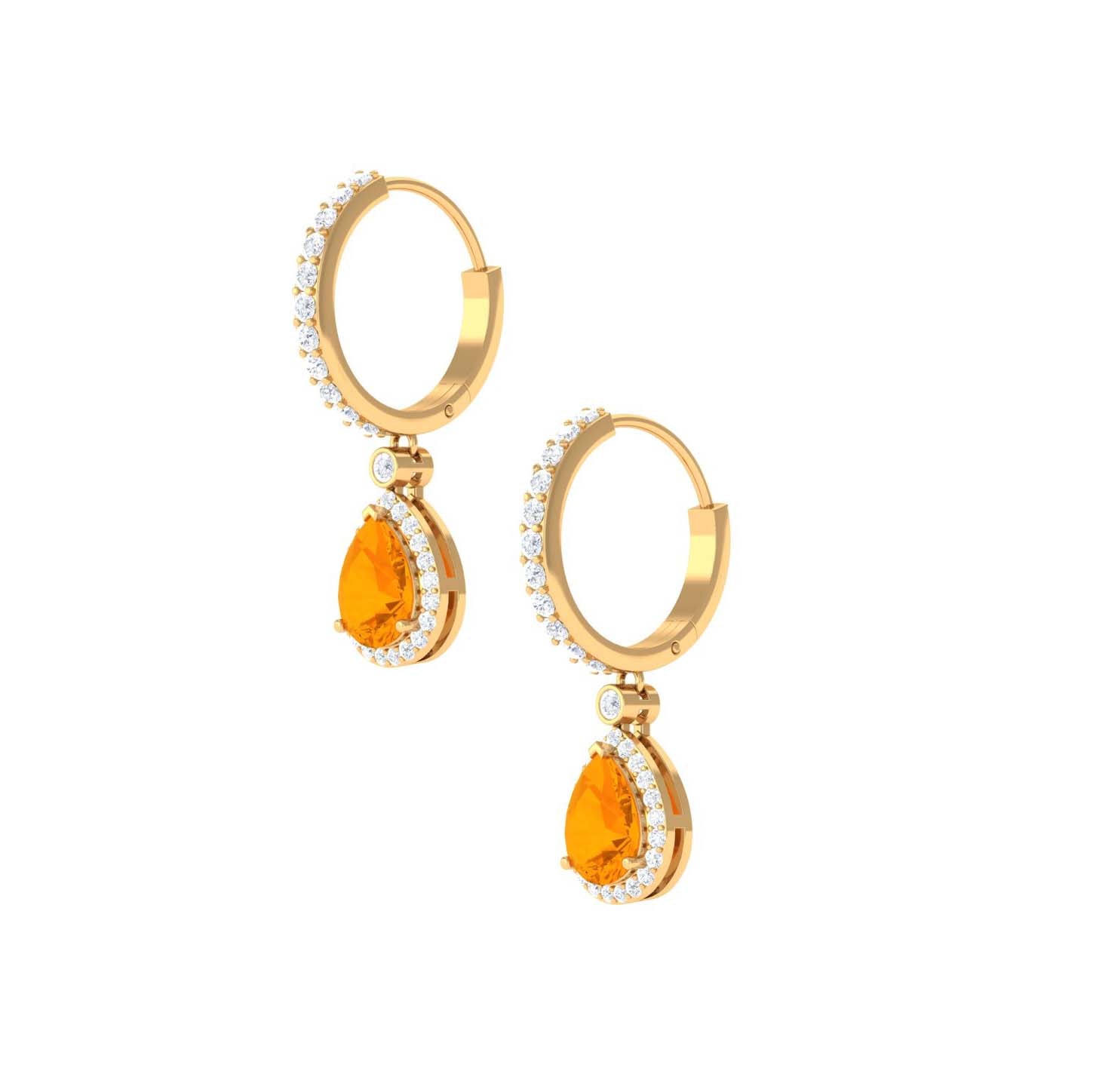 Pear Cut Fire Opal Hoop Drop Earrings with Moissanite Halo Fire Opal - ( AAA ) - Quality - Rosec Jewels