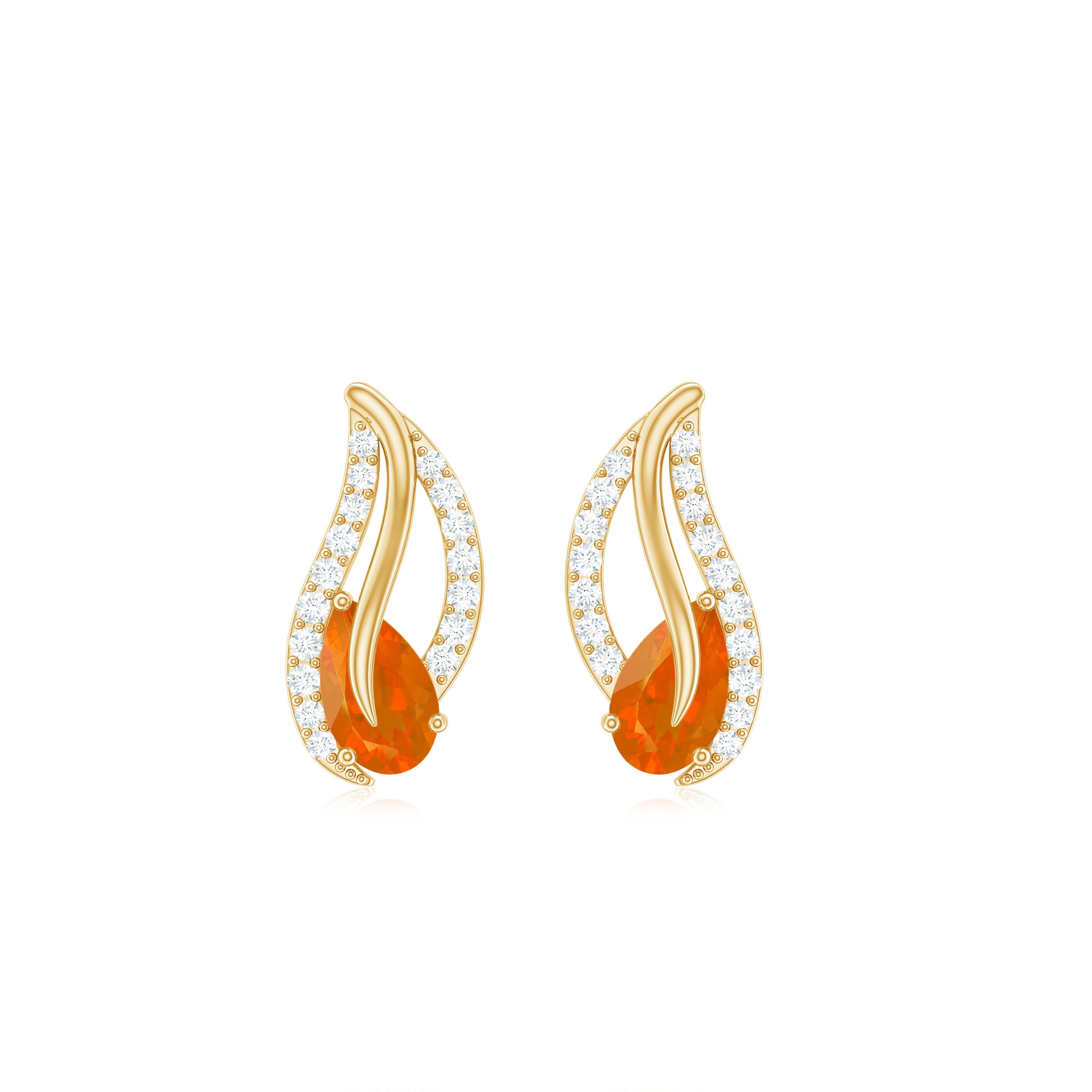 Pear Shape Fire Opal and Diamond Leaf Stud Earrings Fire Opal - ( AAA ) - Quality - Rosec Jewels