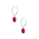 Oval Created Ruby Hinged Hoop Drop Earrings with Diamond Lab Created Ruby - ( AAAA ) - Quality - Rosec Jewels