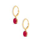 Oval Created Ruby Hinged Hoop Drop Earrings with Diamond Lab Created Ruby - ( AAAA ) - Quality - Rosec Jewels