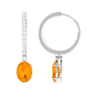 Oval Fire Opal Hinged Hoop Drop Earrings with Diamond Fire Opal - ( AAA ) - Quality - Rosec Jewels