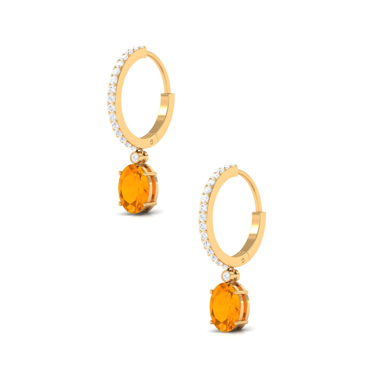 Oval Fire Opal Hinged Hoop Drop Earrings with Diamond Fire Opal - ( AAA ) - Quality - Rosec Jewels