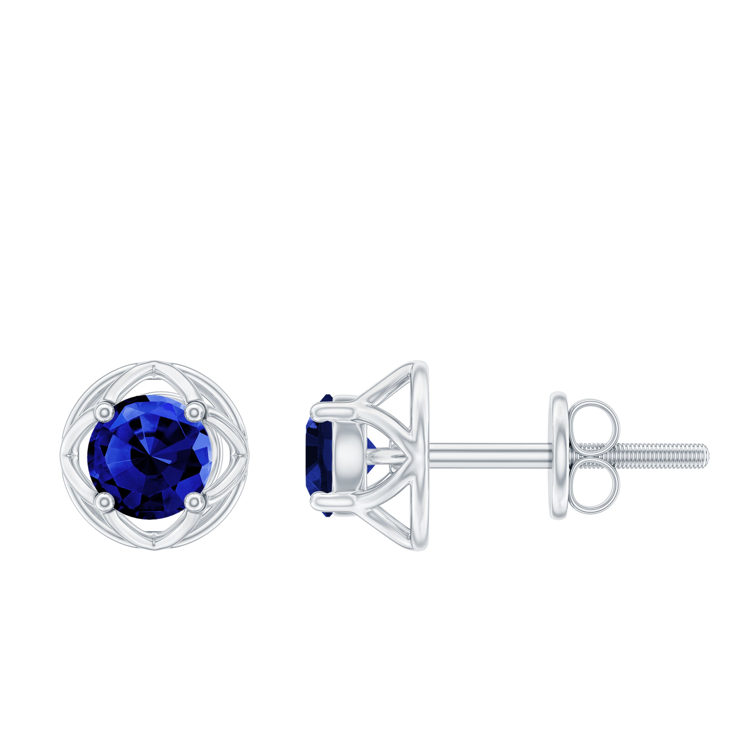 Round Cut Created Blue Sapphire Solitaire Floral Stud Earrings Lab Created Blue Sapphire - ( AAAA ) - Quality - Rosec Jewels