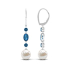 London Blue Topaz and Freshwater Pearl Dangle Earrings with Moissanite Freshwater Pearl - ( AAA ) - Quality - Rosec Jewels