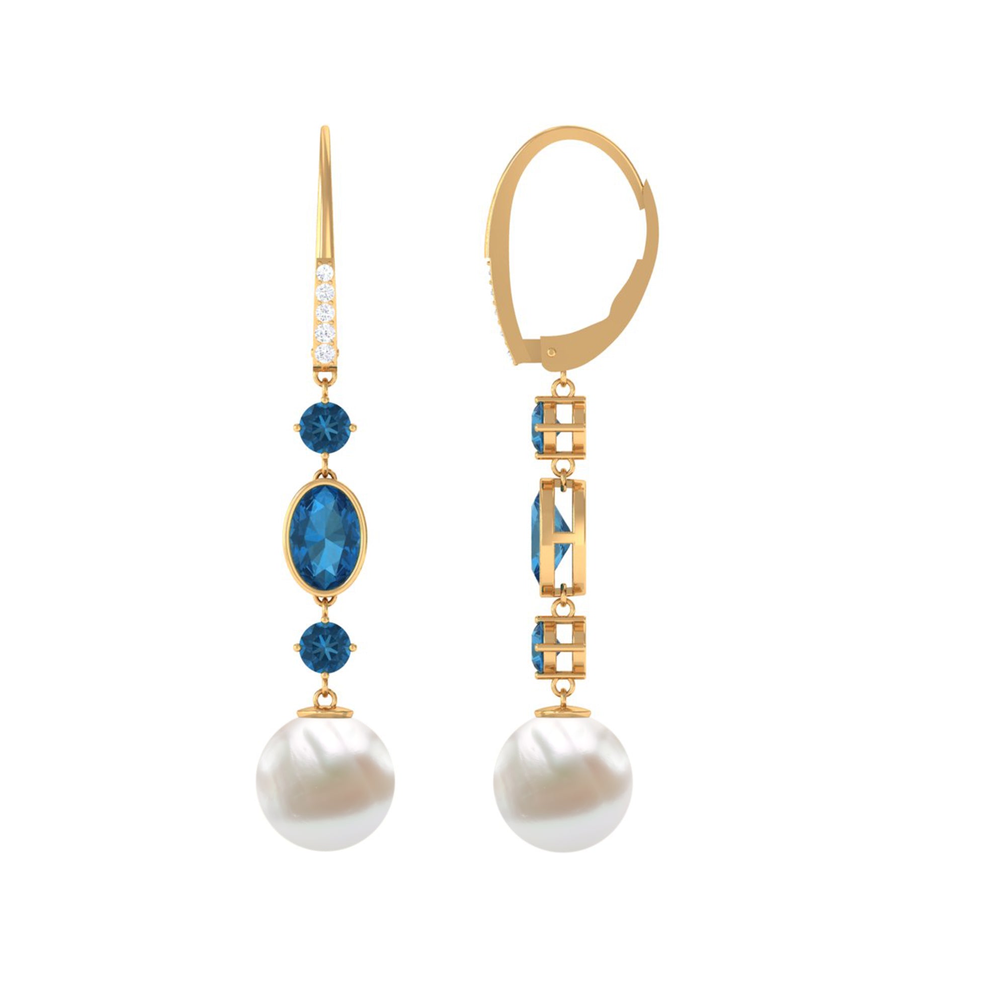 London Blue Topaz and Freshwater Pearl Dangle Earrings with Moissanite Freshwater Pearl - ( AAA ) - Quality - Rosec Jewels