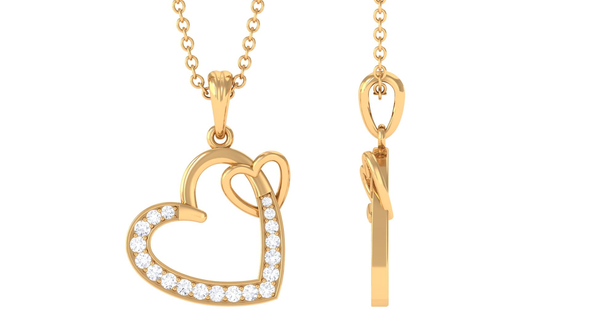 Natural Diamond Twin Interlocked Heart Pendant Necklace in Gold Diamond - ( HI-SI ) - Color and Clarity - Rosec Jewels