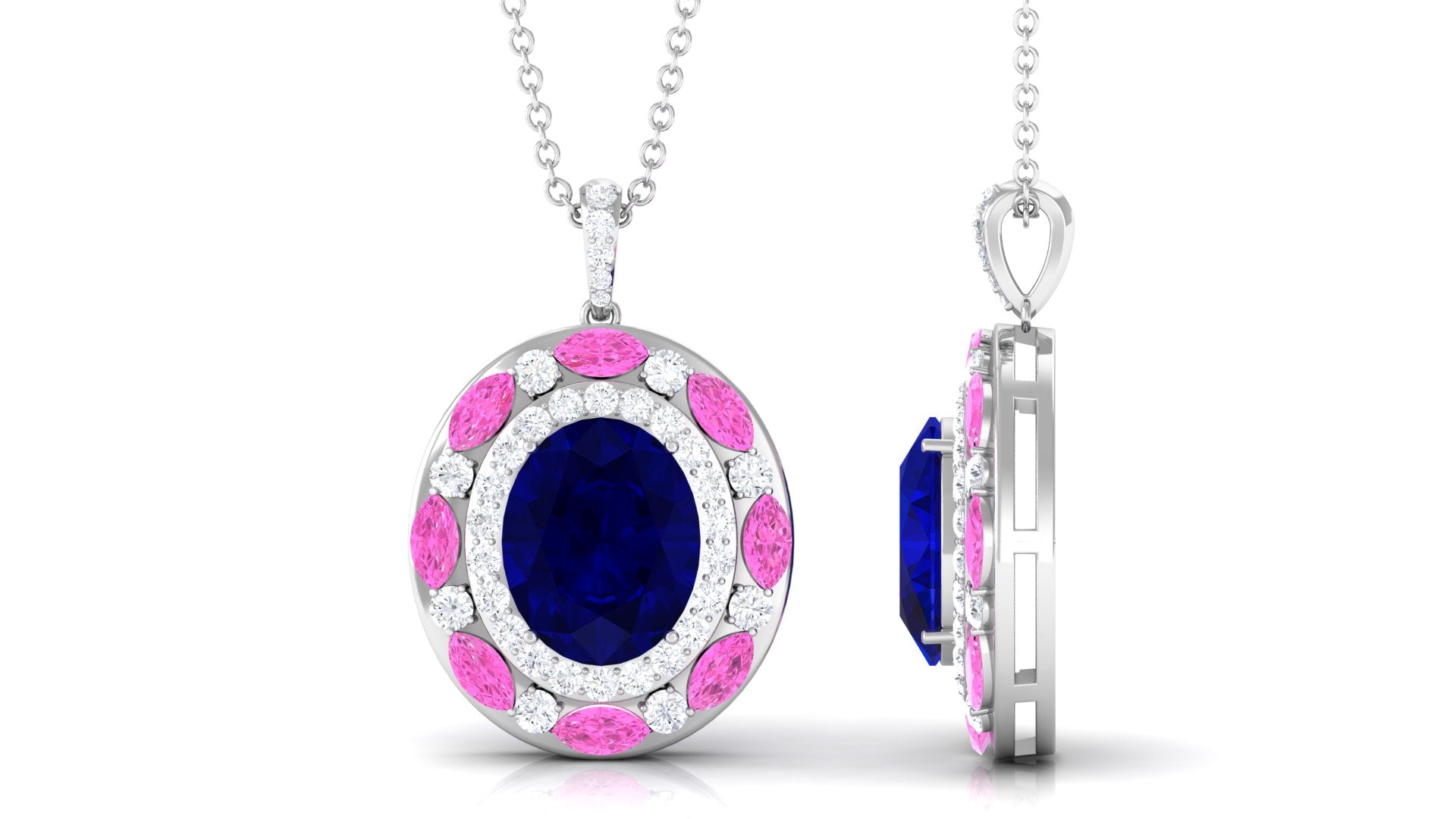 Created Blue and Pink Sapphire Oval Pendant with Moissanite Lab Created Blue Sapphire - ( AAAA ) - Quality - Rosec Jewels