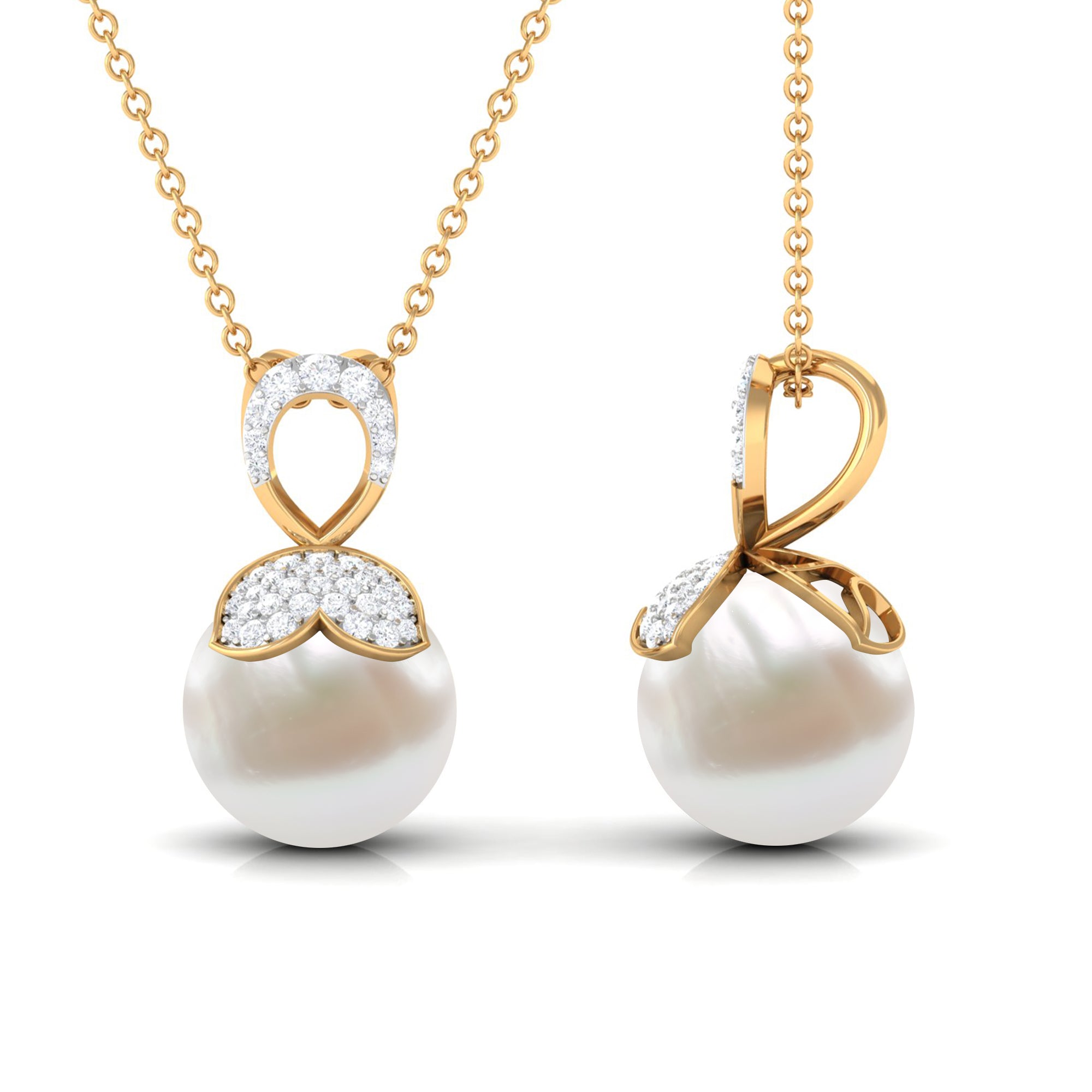 Nature Inspired Freshwater Pearl Drop Pendant Necklace with Diamond Freshwater Pearl - ( AAA ) - Quality - Rosec Jewels