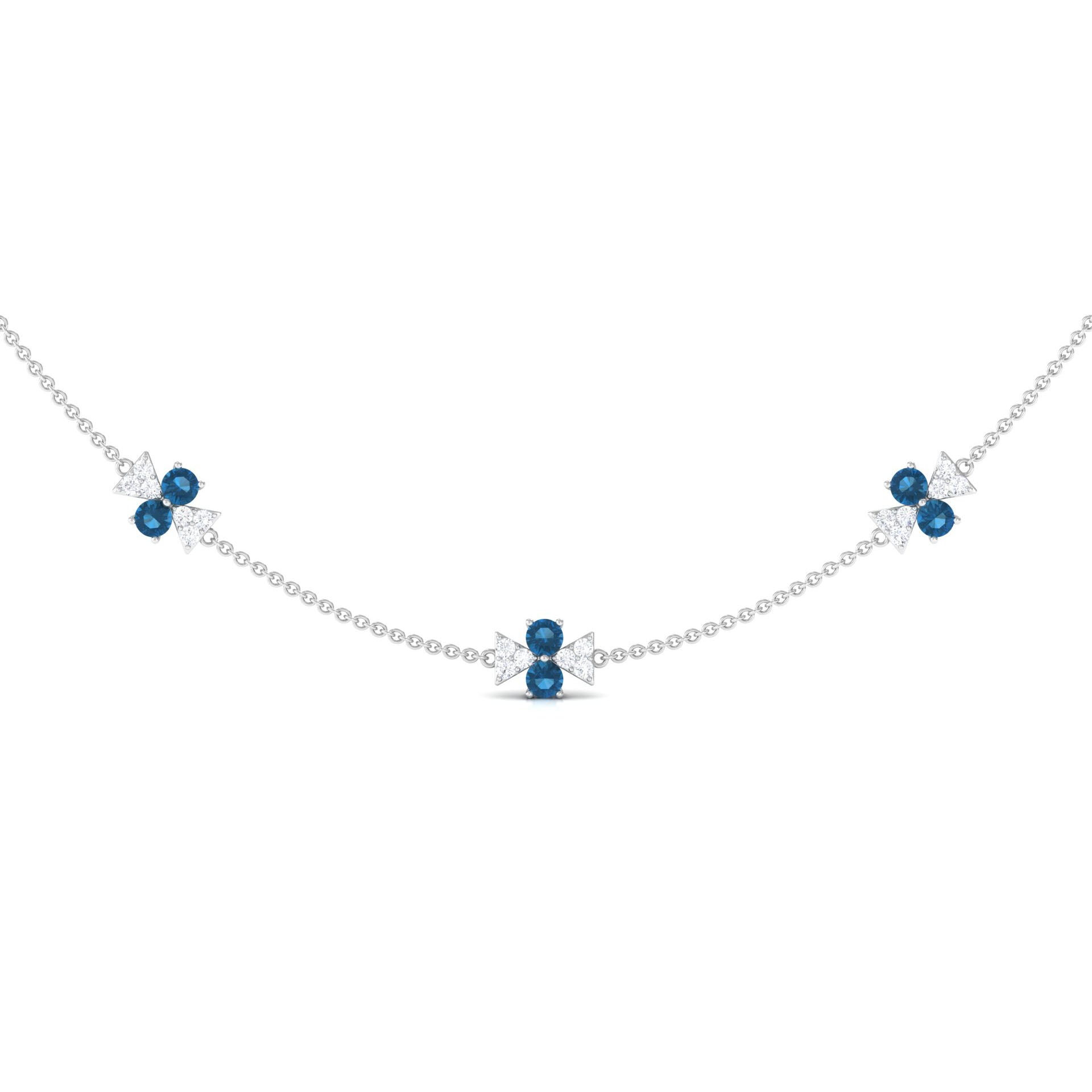 London Blue Topaz Station Chain Necklace with Moissanite London Blue Topaz - ( AAA ) - Quality - Rosec Jewels