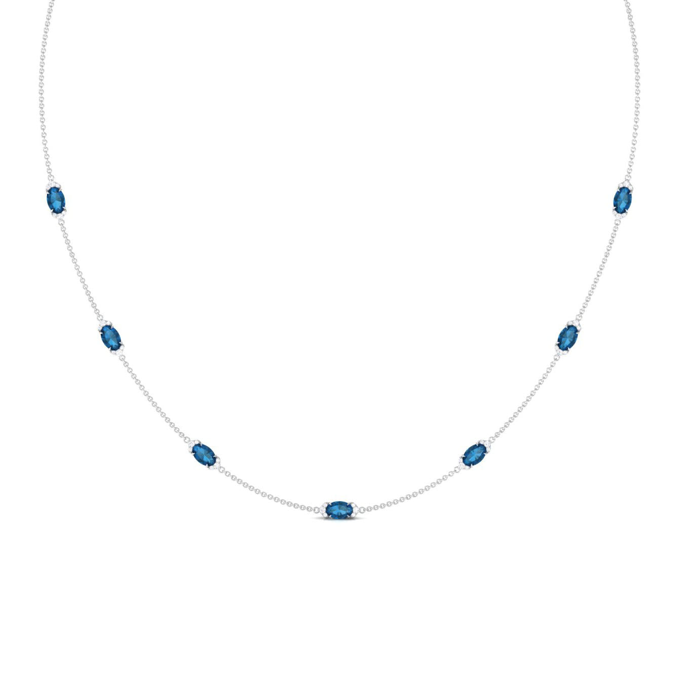 Real London Blue Topaz Station Chain Necklace with Diamond London Blue Topaz - ( AAA ) - Quality - Rosec Jewels