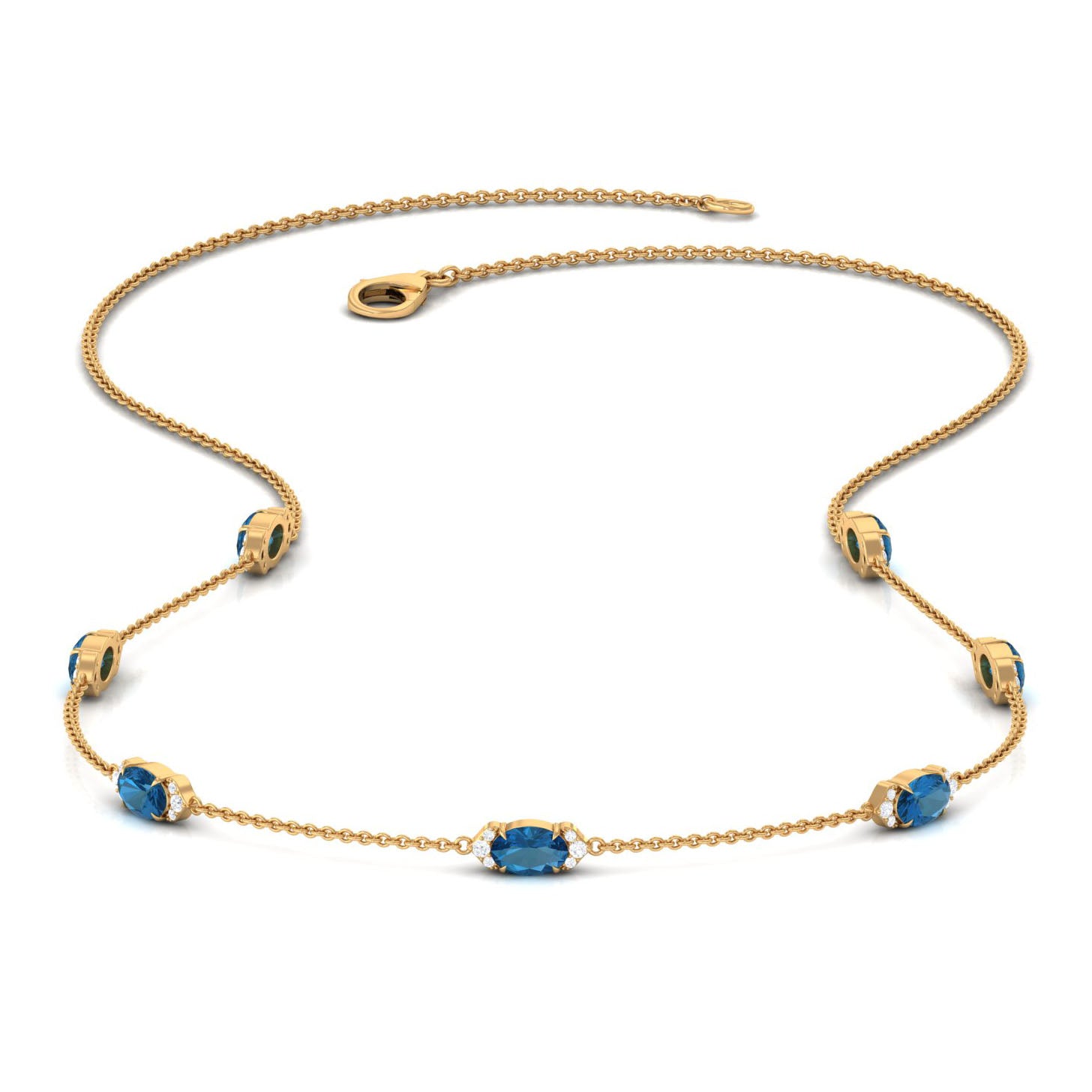 Real London Blue Topaz Station Chain Necklace with Diamond London Blue Topaz - ( AAA ) - Quality - Rosec Jewels