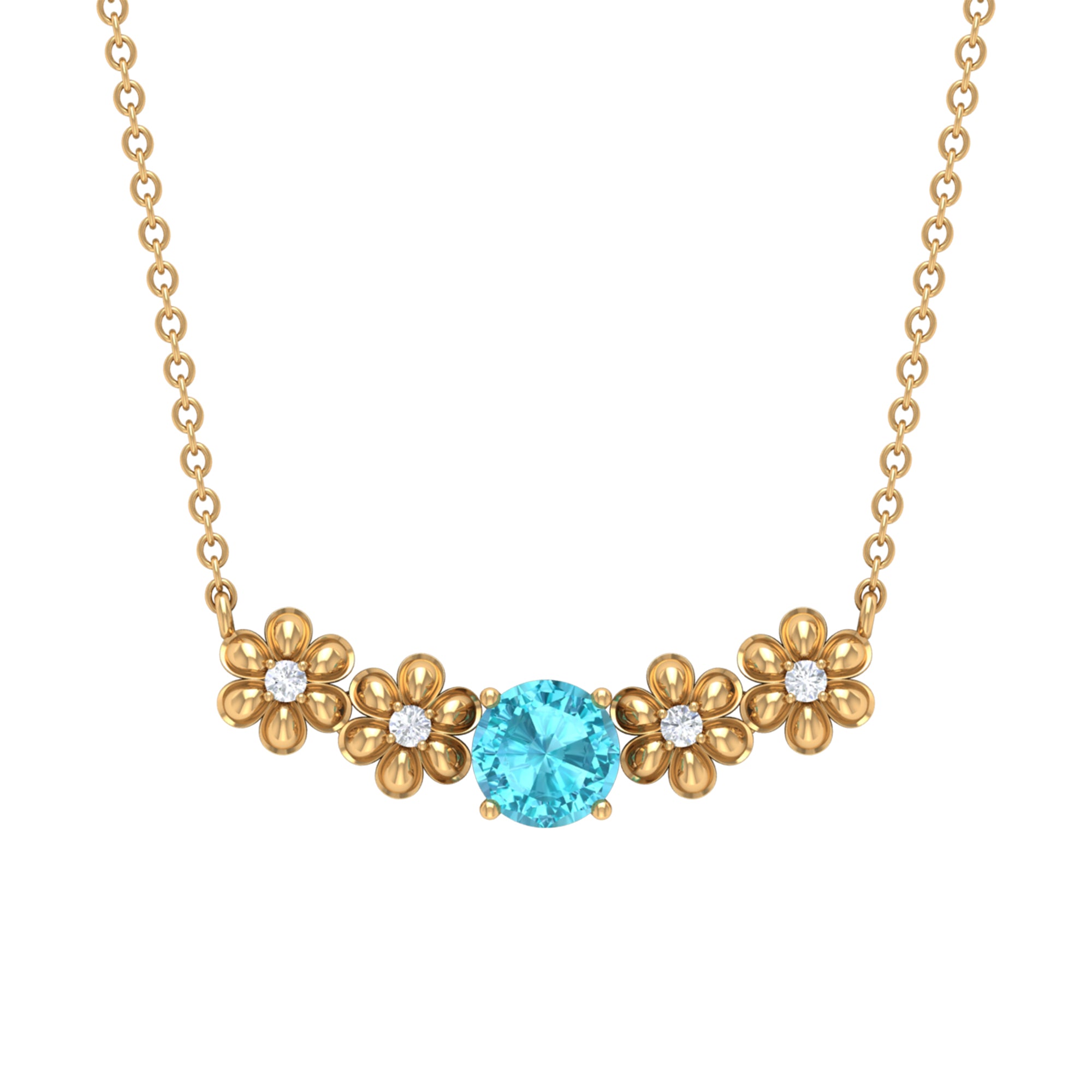 Gold Floral Minimal Necklace with Swiss Blue Topaz and Diamond Swiss Blue Topaz - ( AAA ) - Quality - Rosec Jewels