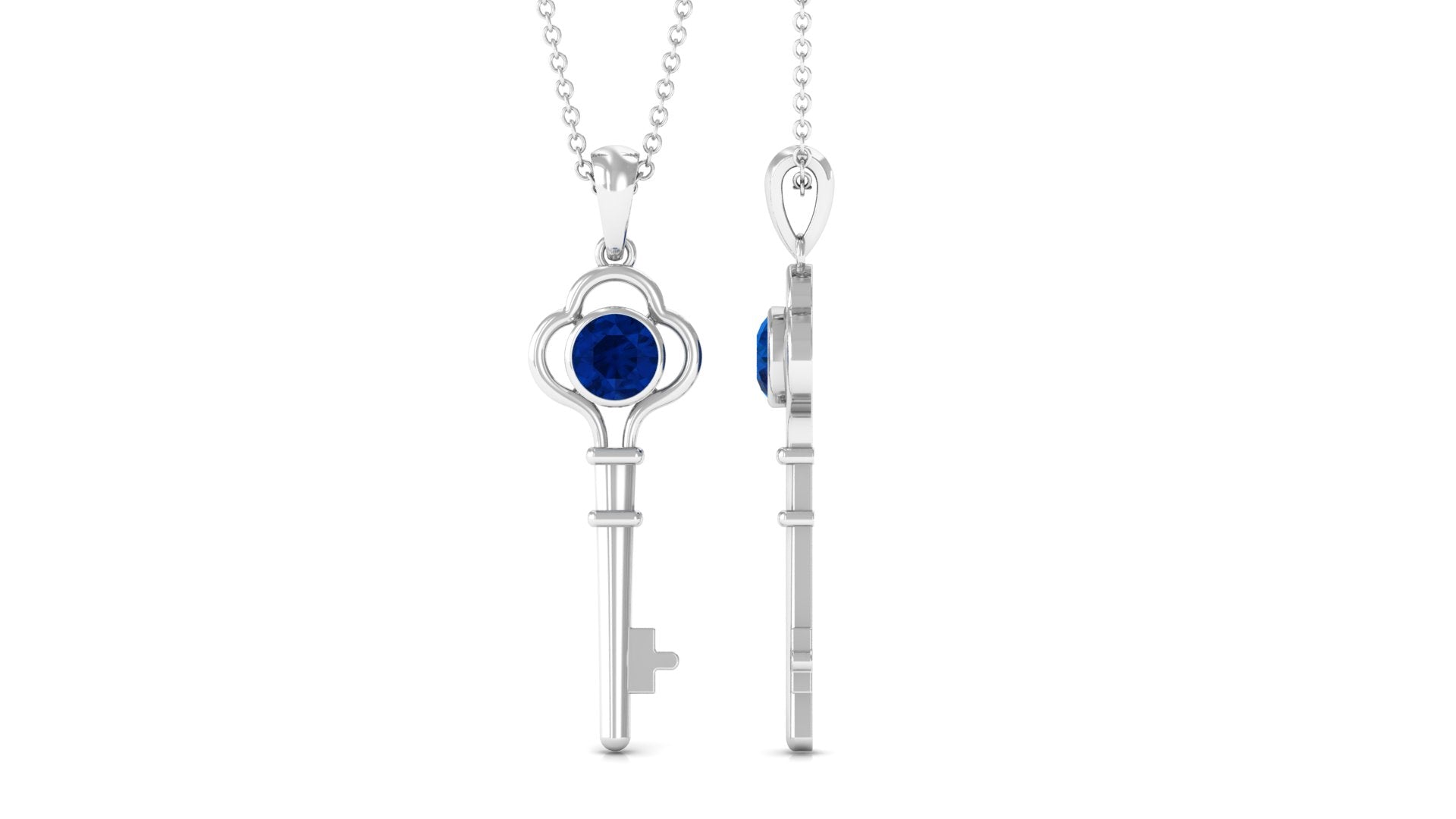 Bezel Set Round Blue Sapphire Gold Key Pendant Blue Sapphire - ( AAA ) - Quality - Rosec Jewels