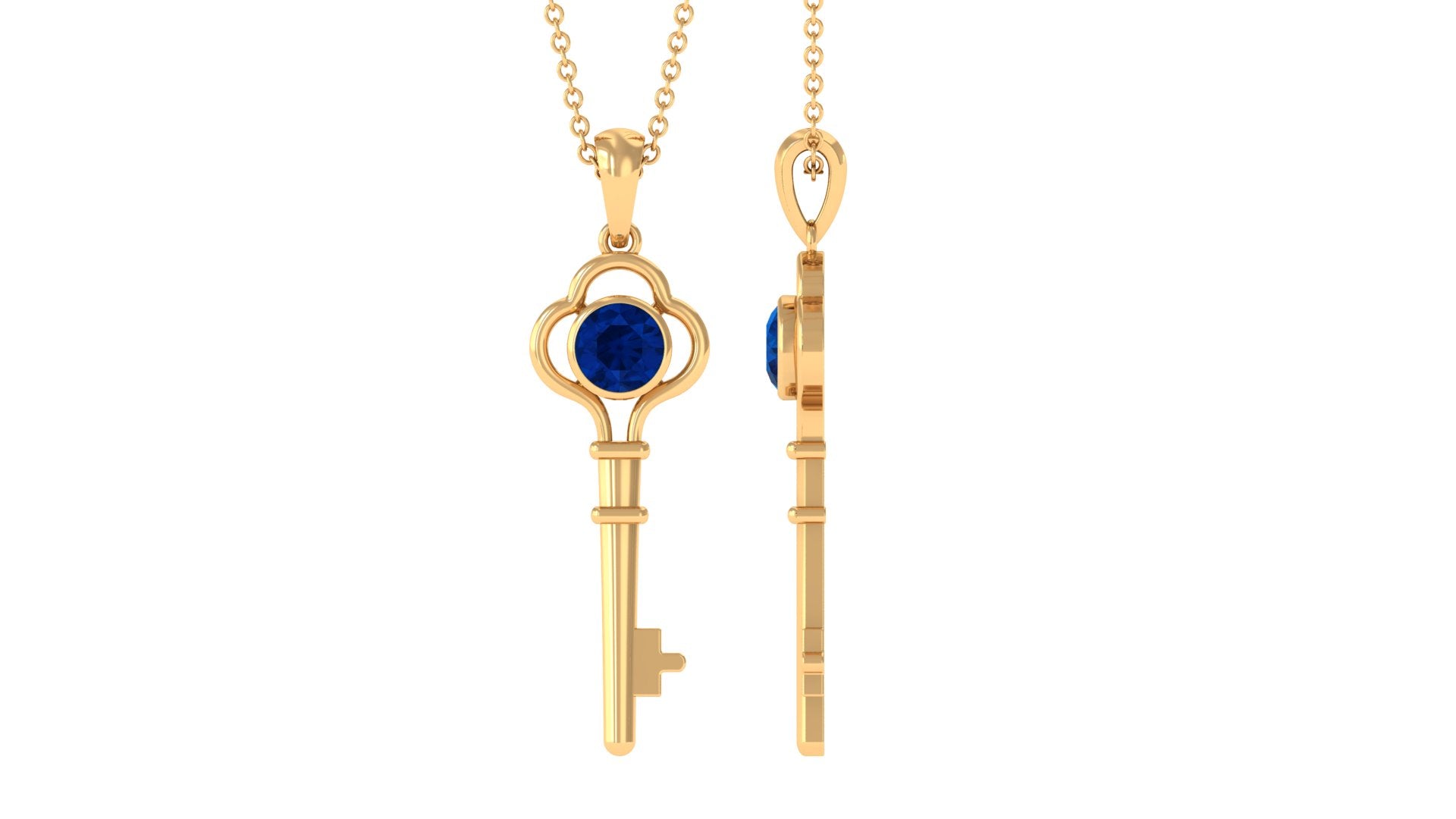 Bezel Set Round Blue Sapphire Gold Key Pendant Blue Sapphire - ( AAA ) - Quality - Rosec Jewels