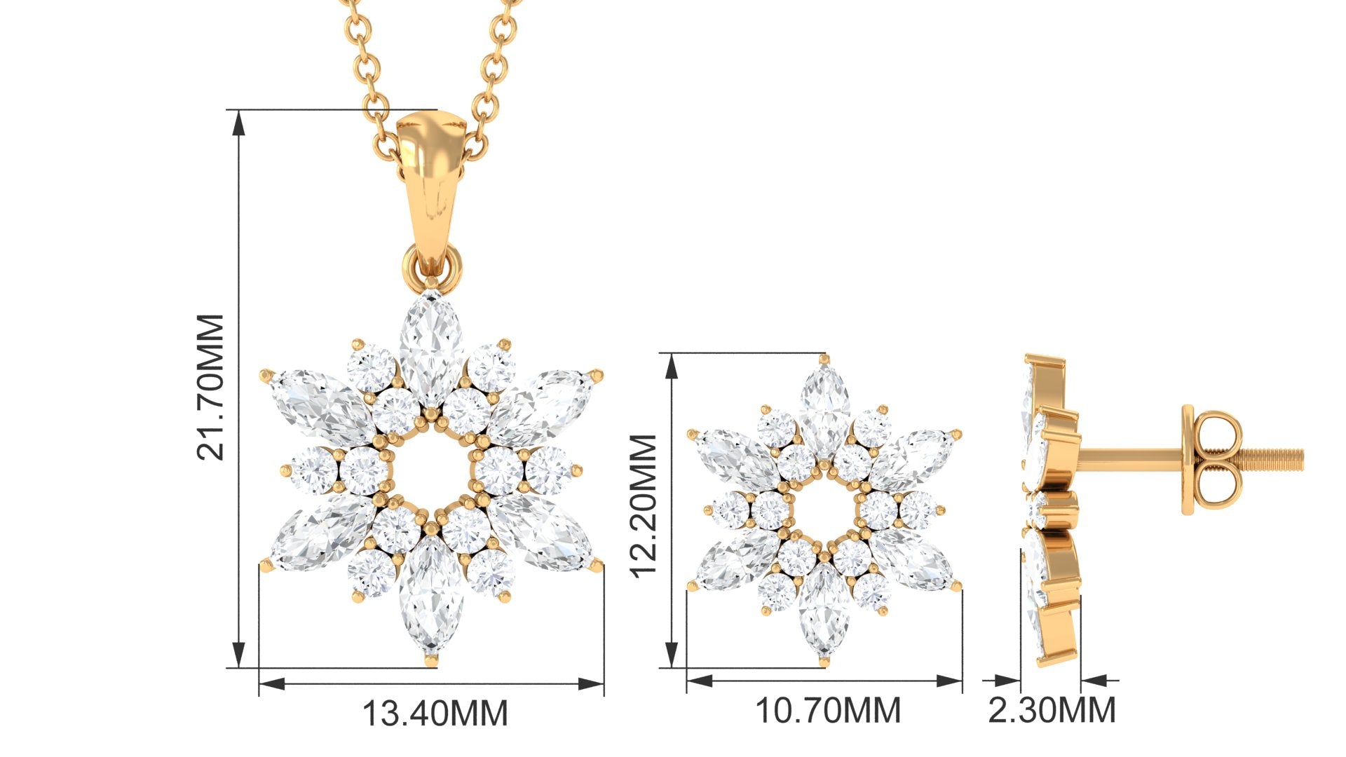 4 CT Cubic Zirconia Flower Cluster Jewelry Set in Gold Zircon - ( AAAA ) - Quality - Rosec Jewels