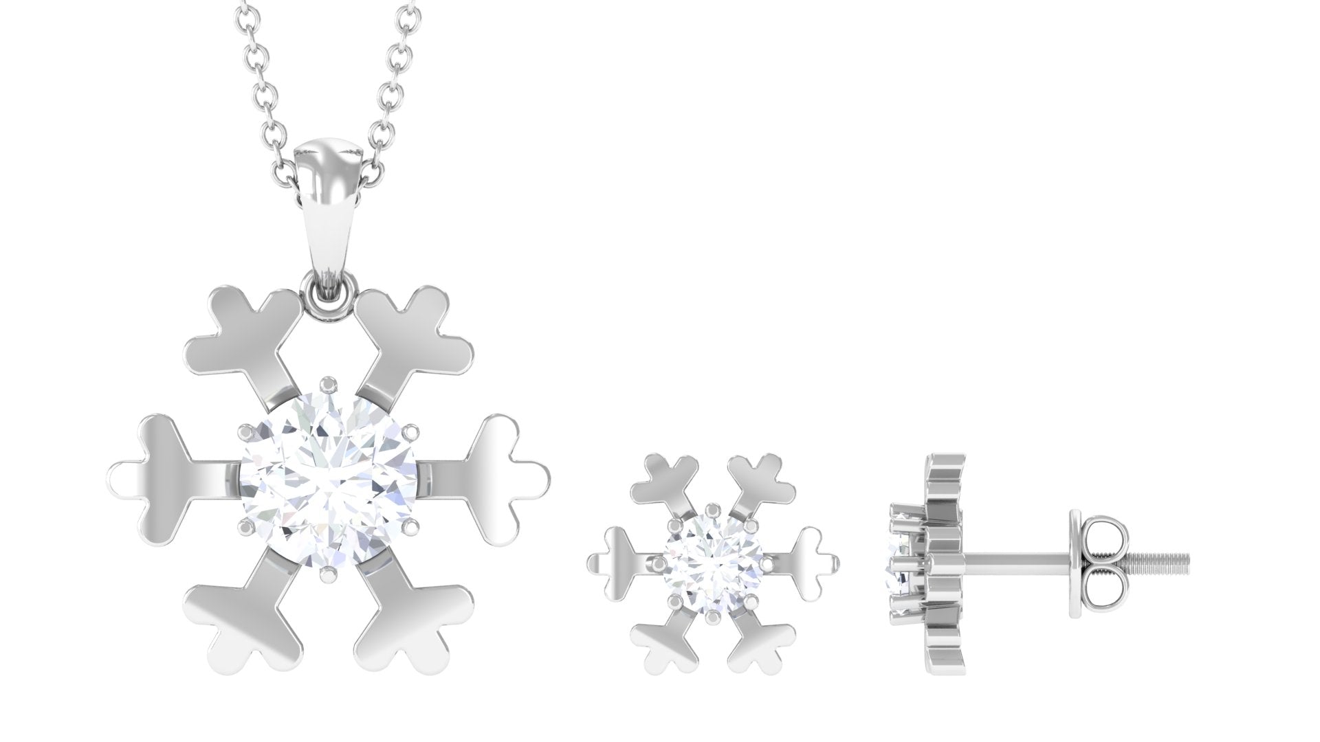 Round Cut Zircon Solitaire Snowflake Pendant Necklace Earrings Set Zircon - ( AAAA ) - Quality - Rosec Jewels