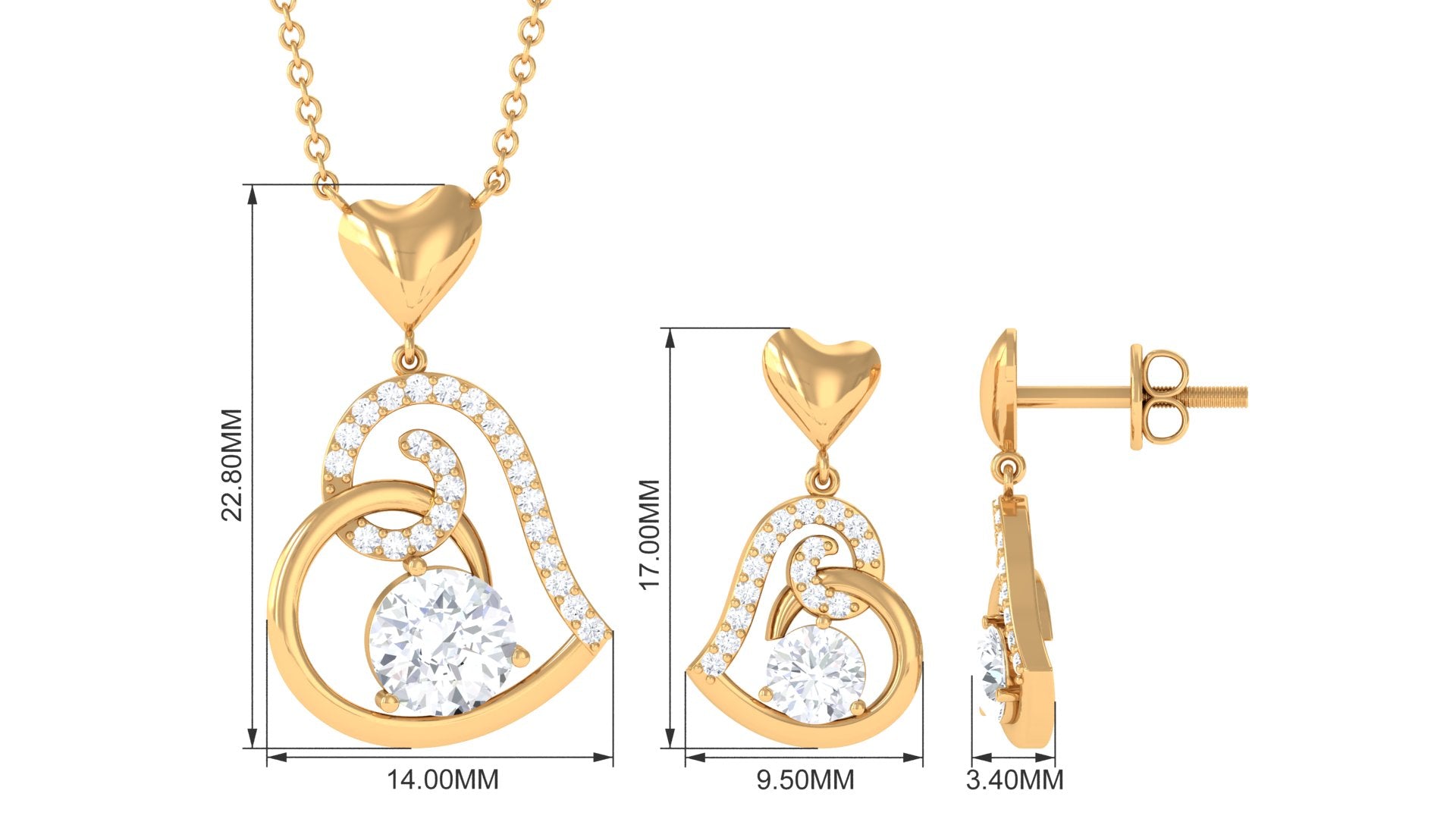 2 CT Cubic Zirconia Heart Drop Jewelry Set in Gold Zircon - ( AAAA ) - Quality - Rosec Jewels