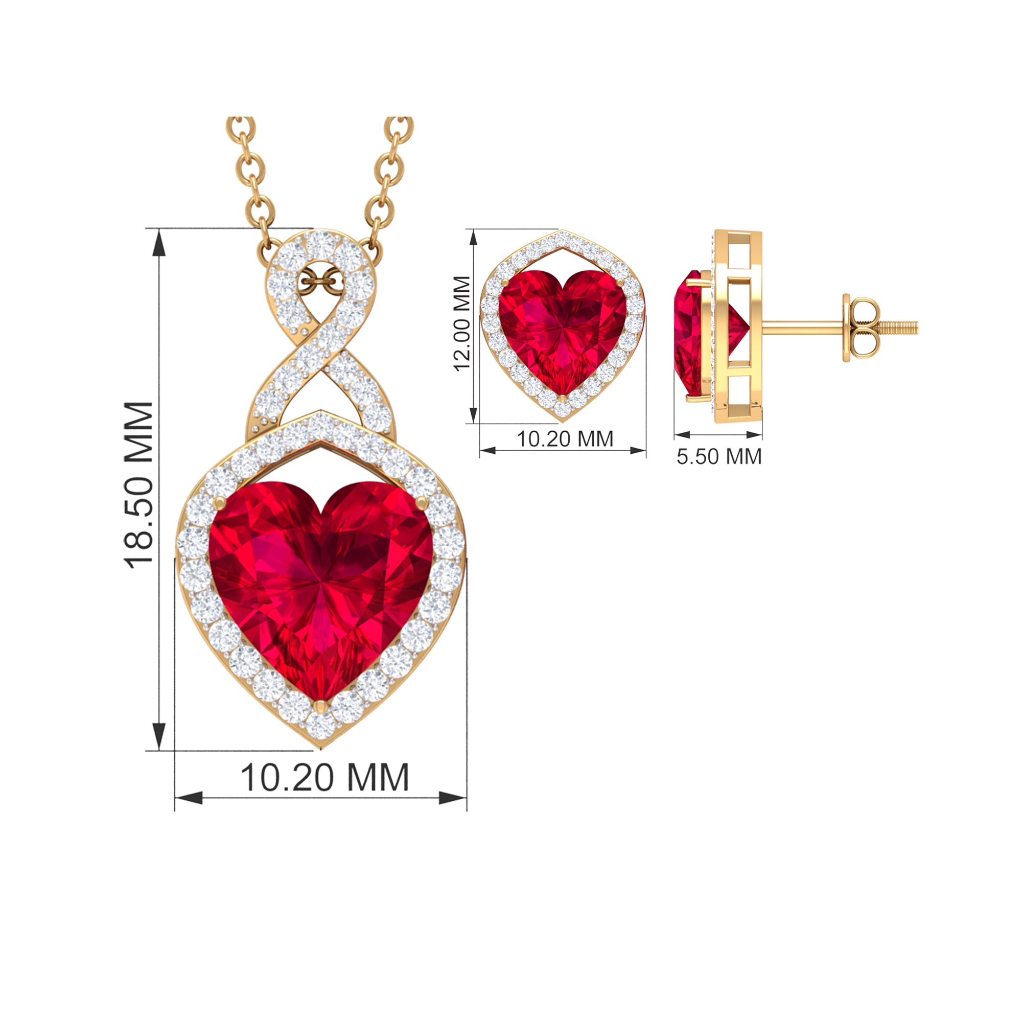 Heart Shape Created Ruby and Moissanite Infinity Pendant Earrings Set Lab Created Ruby - ( AAAA ) - Quality - Rosec Jewels