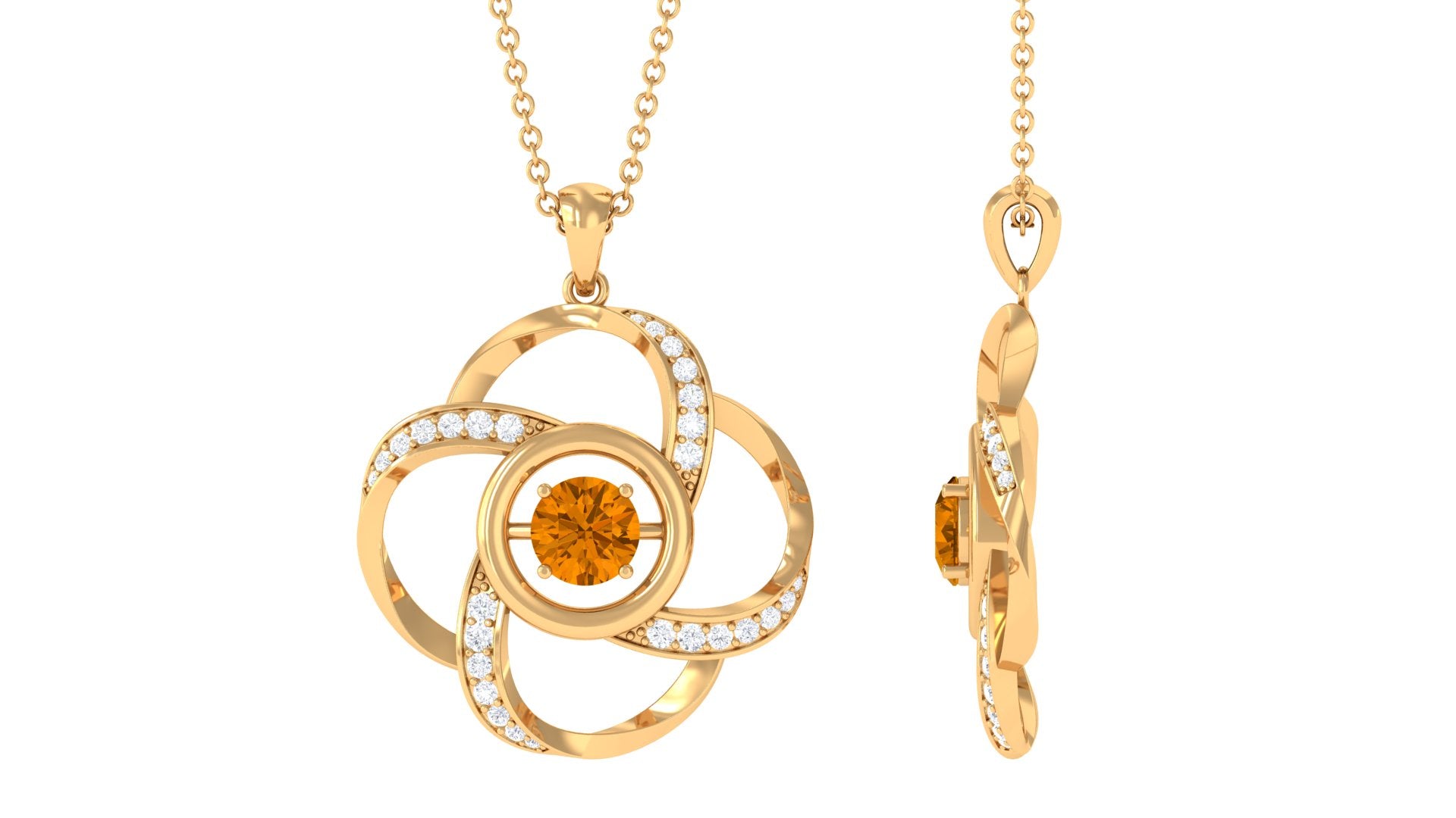 Modern Flower Pendant with Round Citrine and Diamond Citrine - ( AAA ) - Quality - Rosec Jewels