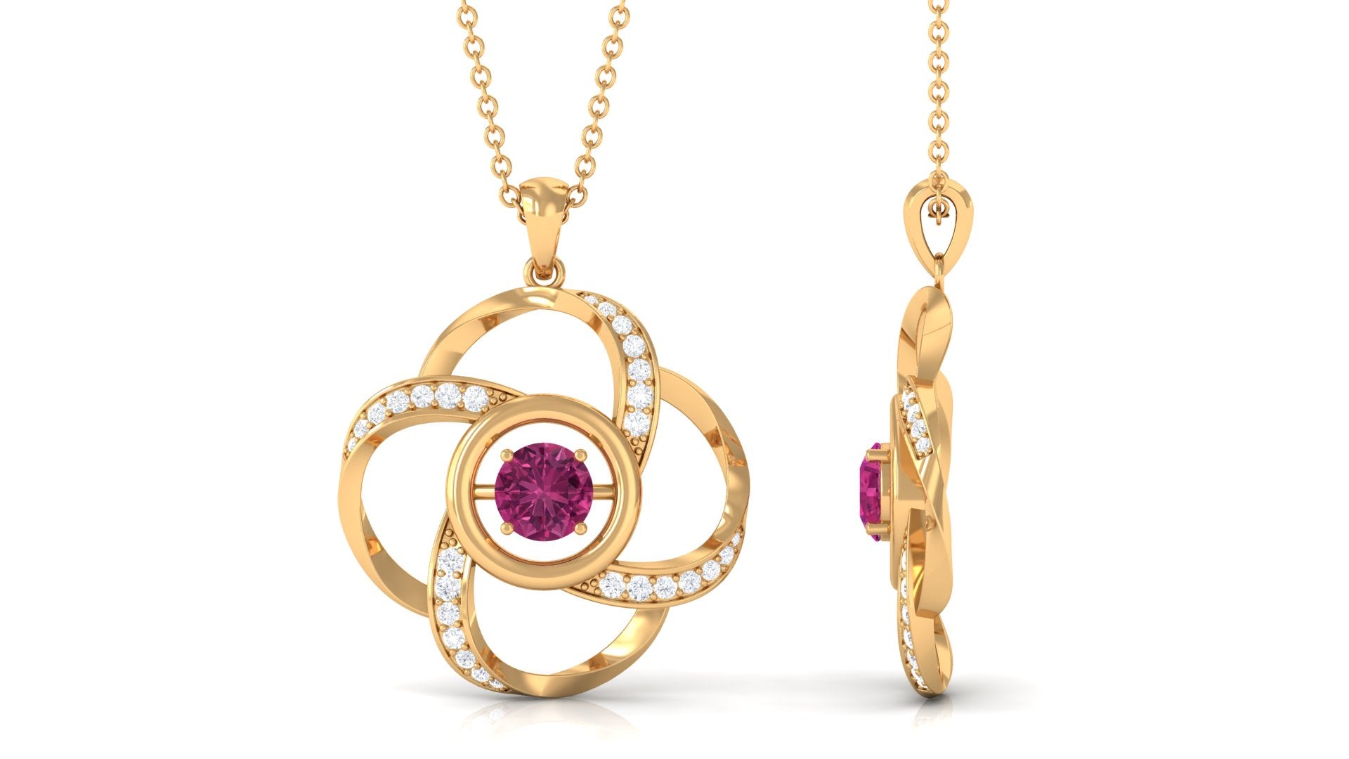 Modern Flower Pendant with Round Pink Tourmaline and Diamond Pink Tourmaline - ( AAA ) - Quality - Rosec Jewels