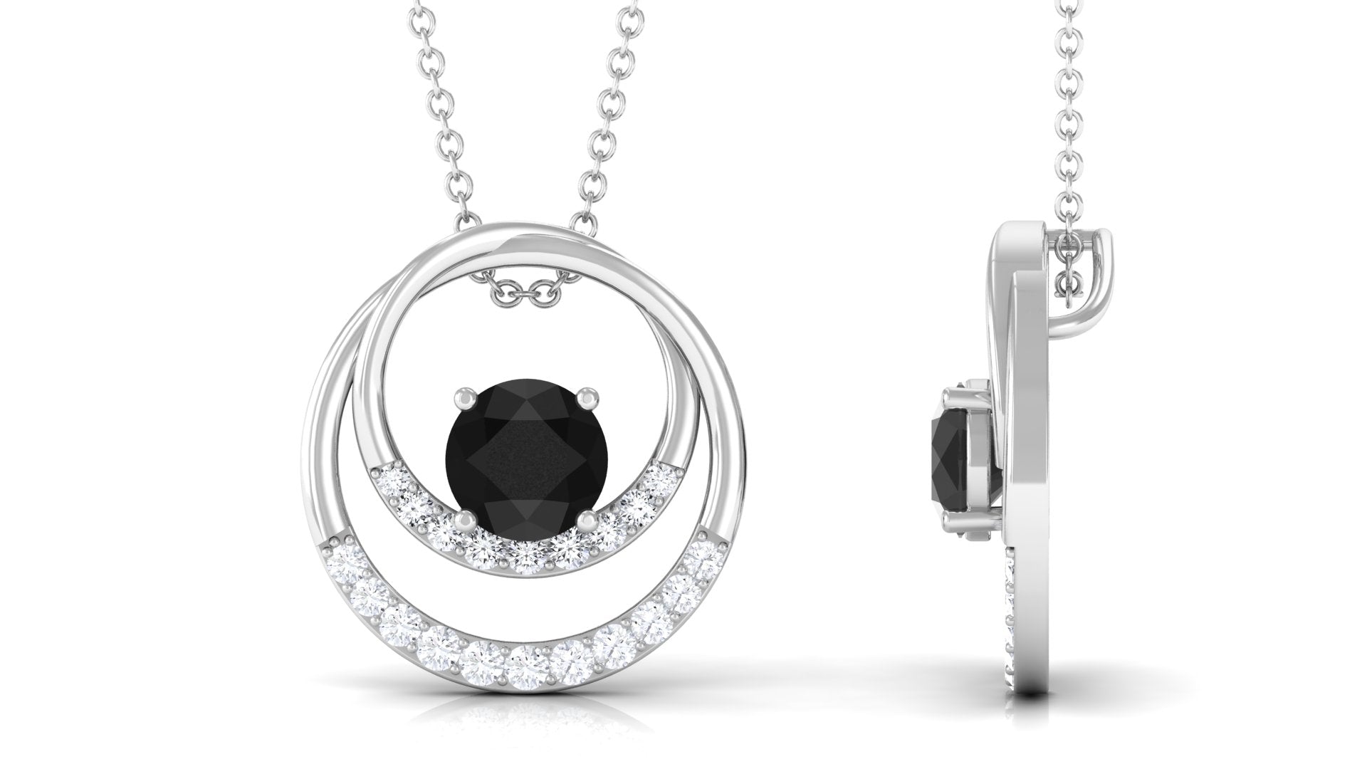 Real Black Spinel and Diamond Open Circle Pendant Black Spinel - ( AAA ) - Quality - Rosec Jewels