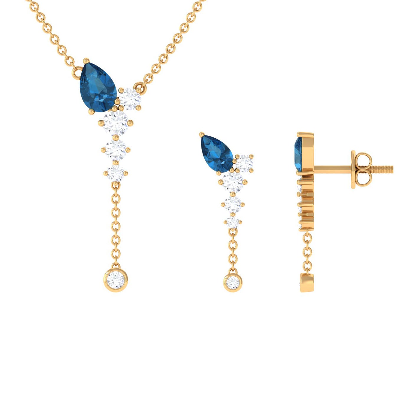 Minimal Dangle Necklace Earrings Set with London Blue Topaz and Diamond London Blue Topaz - ( AAA ) - Quality - Rosec Jewels