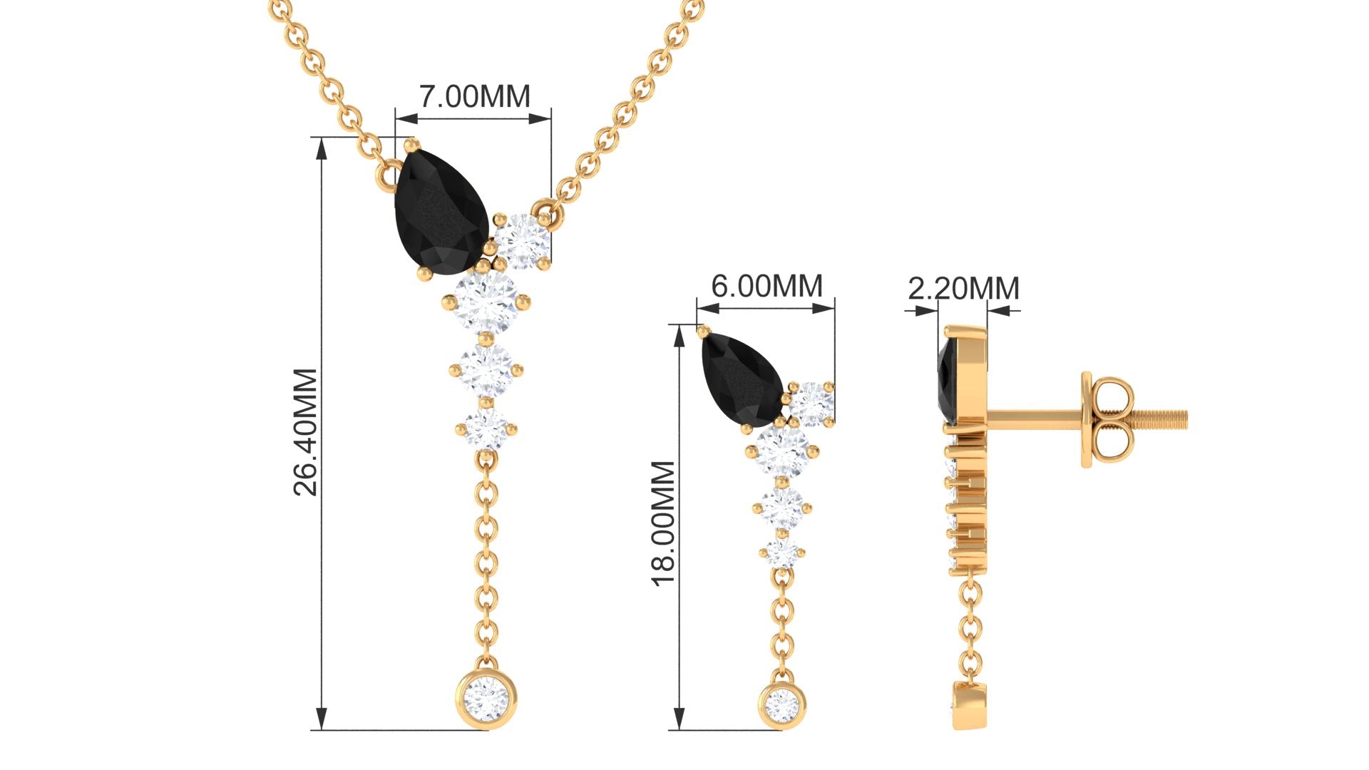 Minimal Created Black Diamond Dangle Necklace and Earrings Set with Moissanite Lab Created Black Diamond - ( AAAA ) - Quality - Rosec Jewels