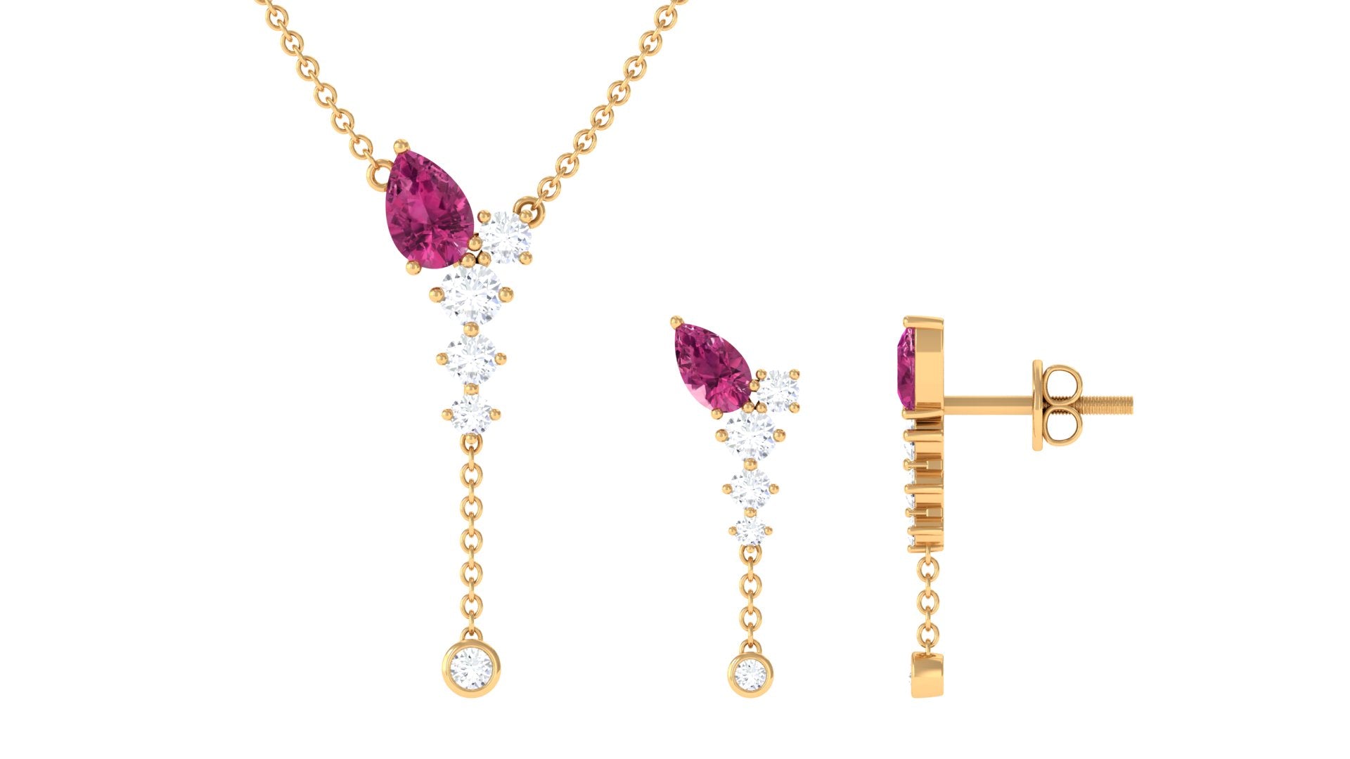 Minimal Dangle Necklace Earrings Set with Pink Tourmaline and Moissanite Pink Tourmaline - ( AAA ) - Quality - Rosec Jewels