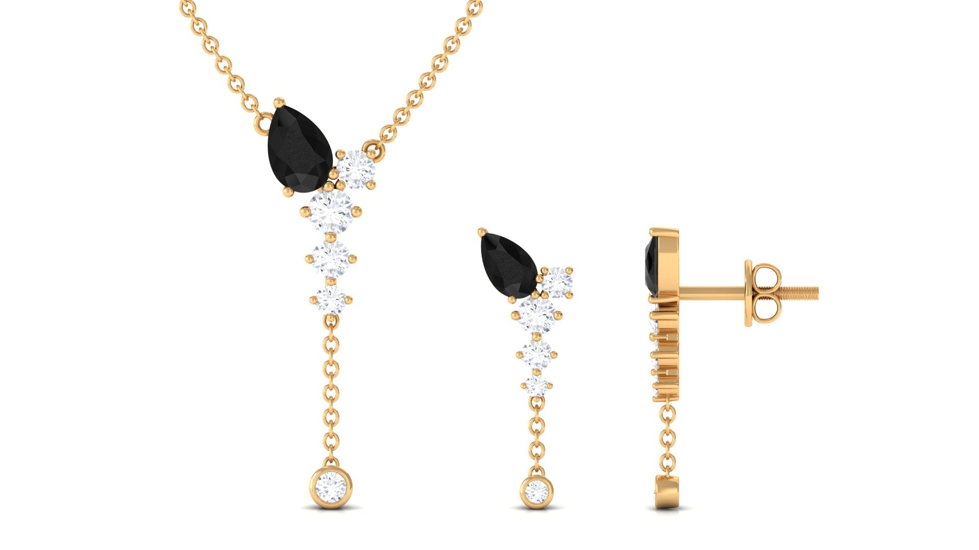 Minimal Black Onyx Dangle Necklace and Earrings Set in Gold with Moissanite Black Onyx - ( AAA ) - Quality - Rosec Jewels