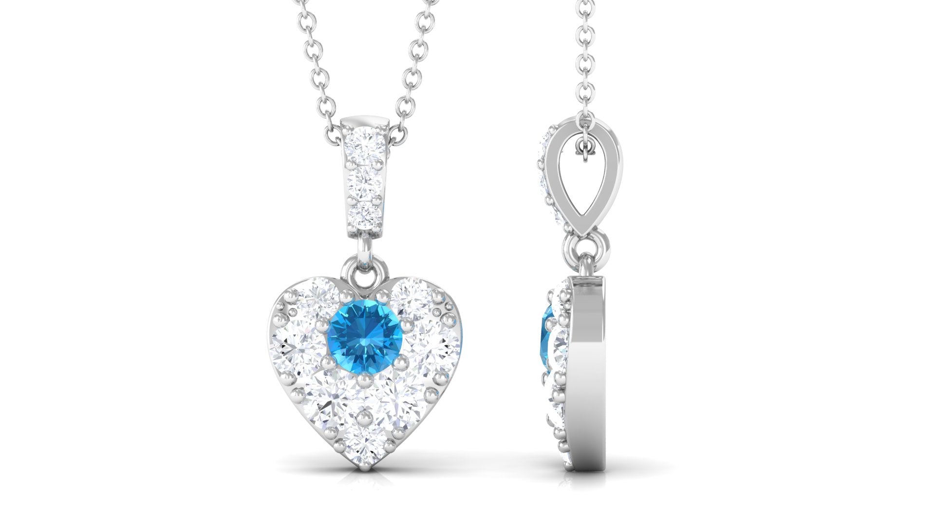 Round Swiss Blue Topaz and Moissanite Heart Pendant with Decorative Bail Swiss Blue Topaz - ( AAA ) - Quality - Rosec Jewels